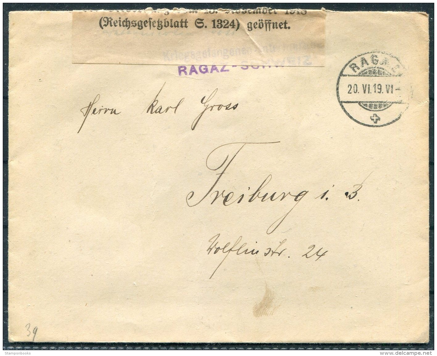 1919 Switzerland Kriegsgefangenen, Prisonniers De Guerre. Censor. Internlerung Ragaz - Schweiz Cover - Freiburg, Germany - Briefe U. Dokumente