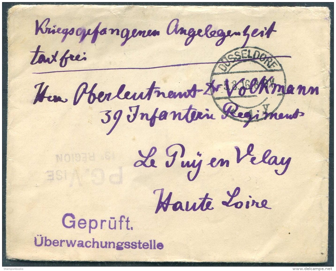 1916 Germany Dusseldorf Kriegsgefangenen, Prisonniers De Guerre Censor Cover - Uzes Le Puy En Velay, France PG Vise - Briefe U. Dokumente