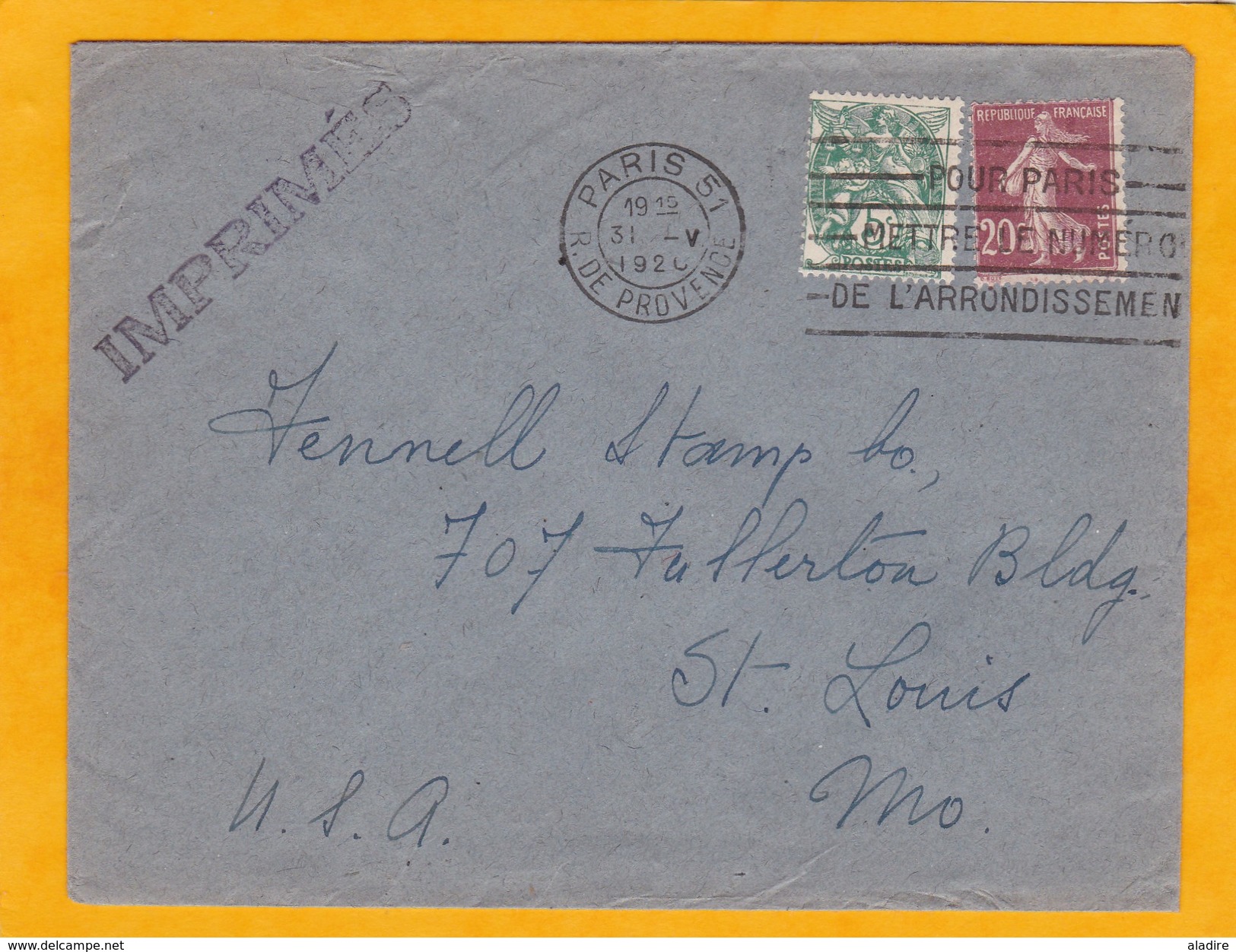 1920 - Enveloppe De Paris à Saint Louis, USA  - Tarif Imprimés 25 C Type Blanc Et Semeuse - OMEC Arrondissement - Brieven En Documenten