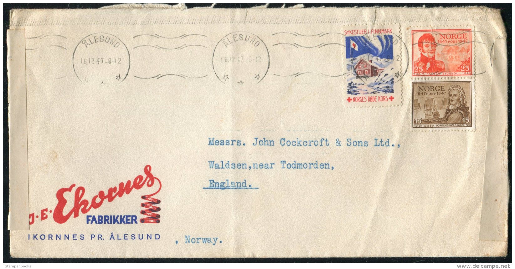 1947 Norway Alesund Illustrated Svane Swan Cover - Todmorden, England. Finnmark Red Cross Charity - Covers & Documents