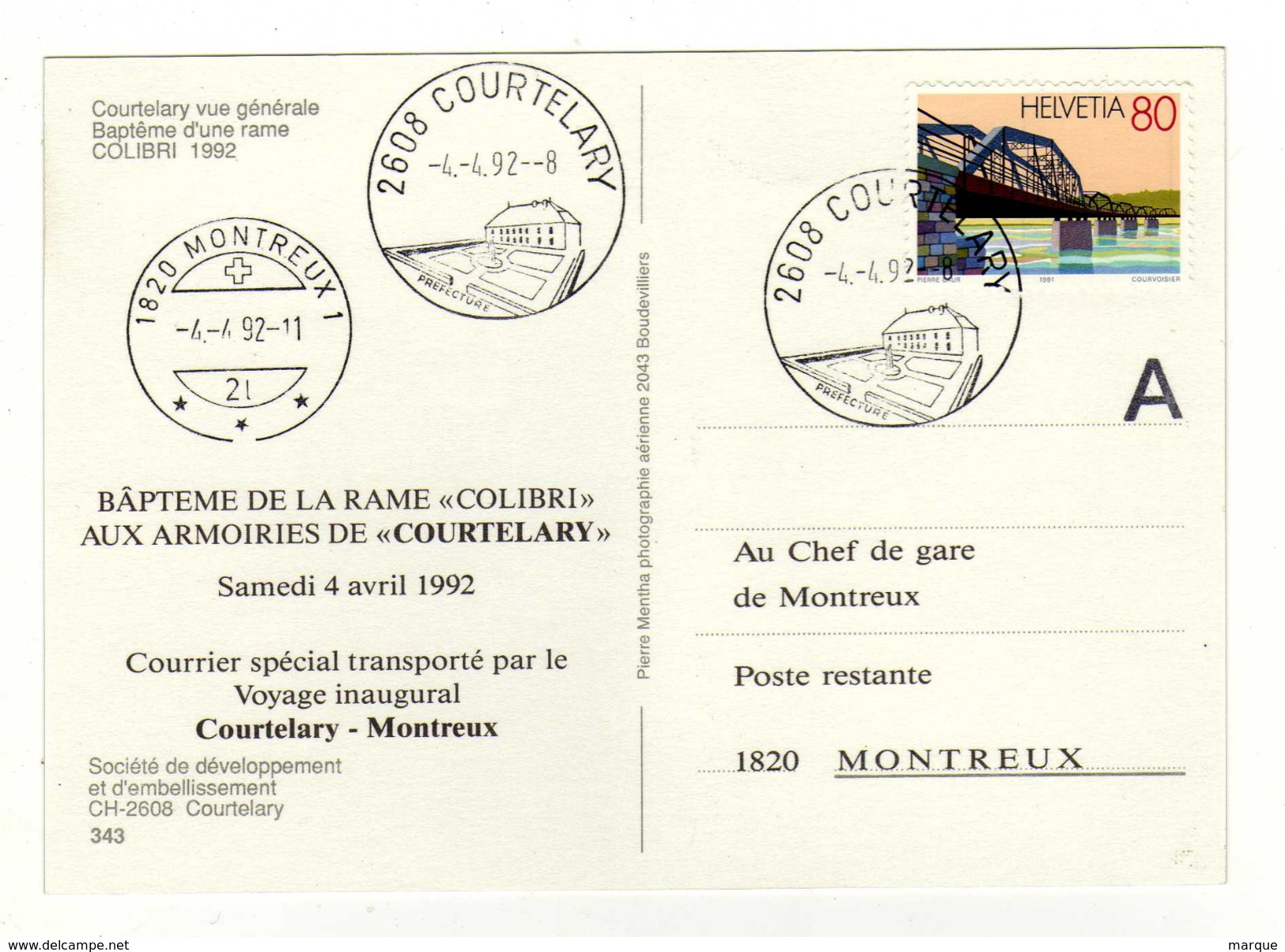 Carte 1er Jour Oblitération 2608 COURTELARY 1820 MONTREUX 04/04/1992 - Cartes-Maximum (CM)