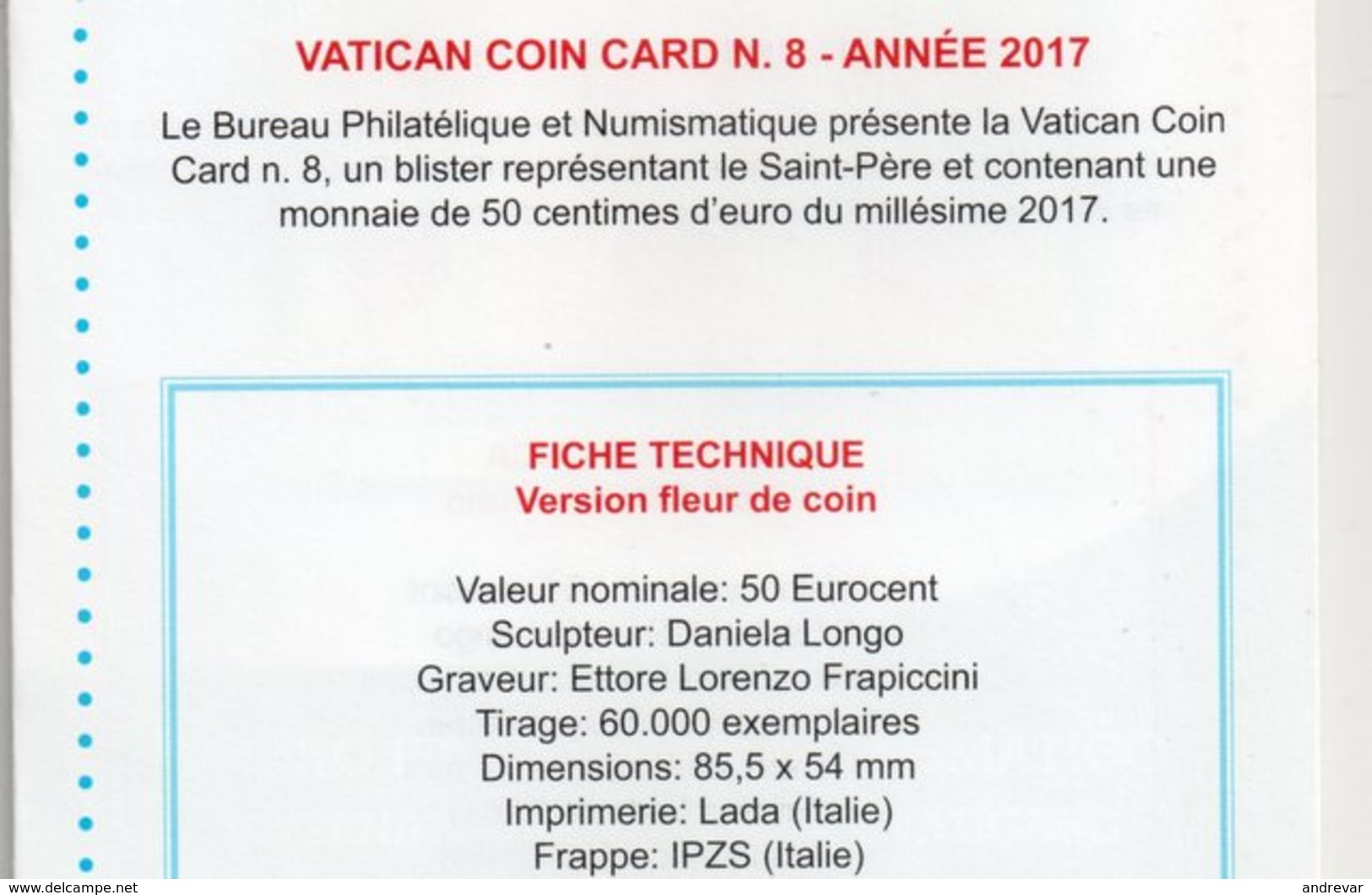 COINCARD   , La  Derniére  émise    VATICAN  2017    NOUVEAU  VISUEL  -  Livré  De  Suite - Vatican