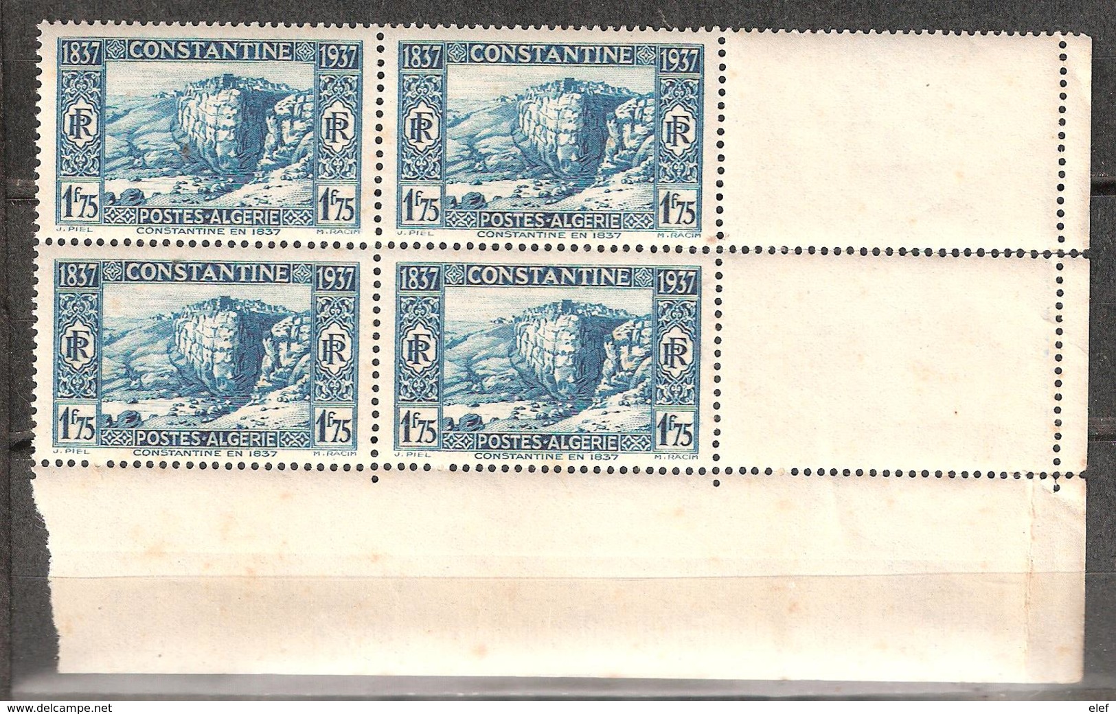 ALGERIE 1937,Bloc De 4,COIN DE FEUILLE   Neuf ** / MNH,Yv N° 133 "Centenaire Prise De Constantine, 1 F 75 Bleu Vert ,TTB - Nuovi
