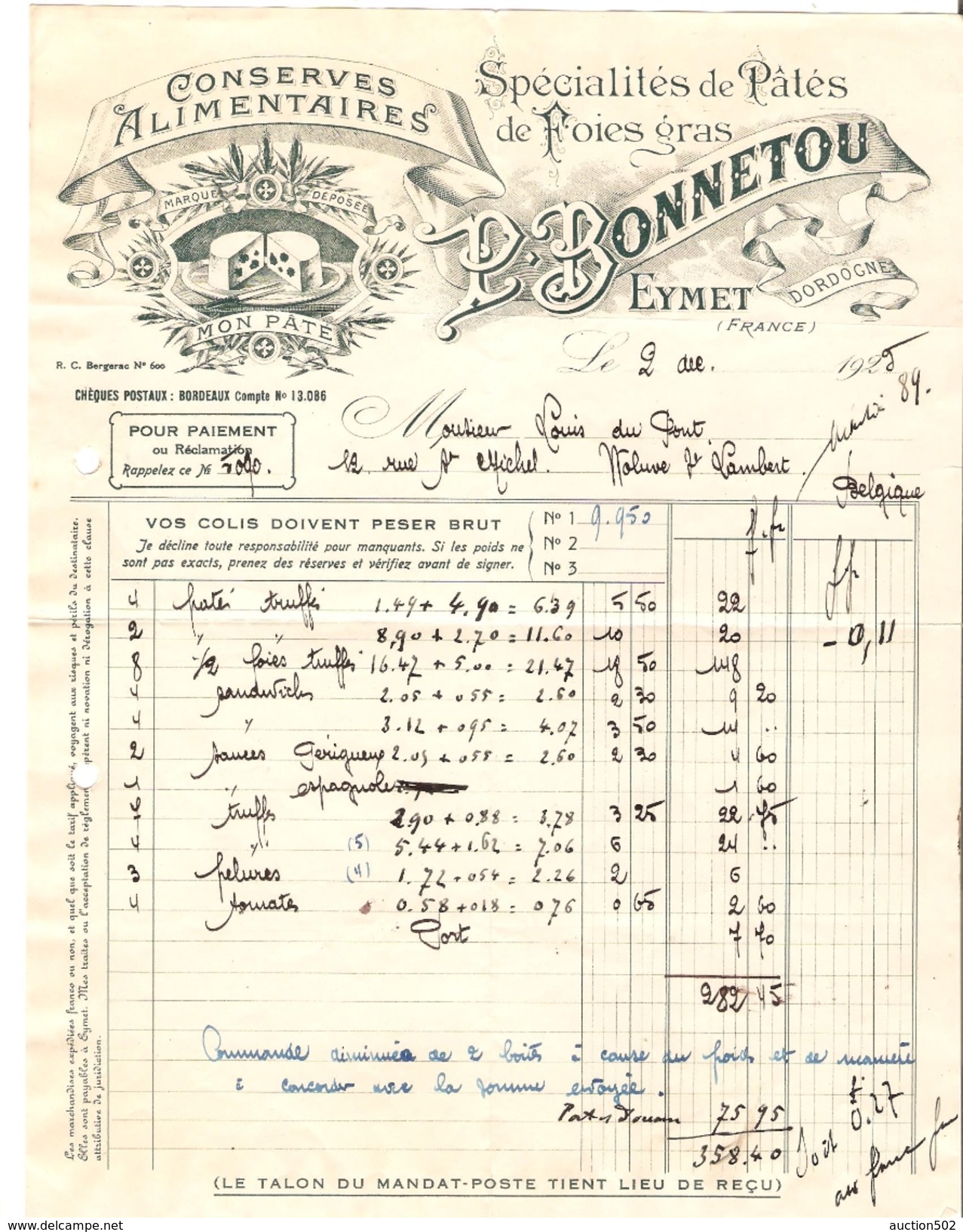 Facture Datée Du 2/121/1925 De Bonnetou Spécialités De Patés De Foies Gras De Eymet Dordogne PR4159 - 1900 – 1949