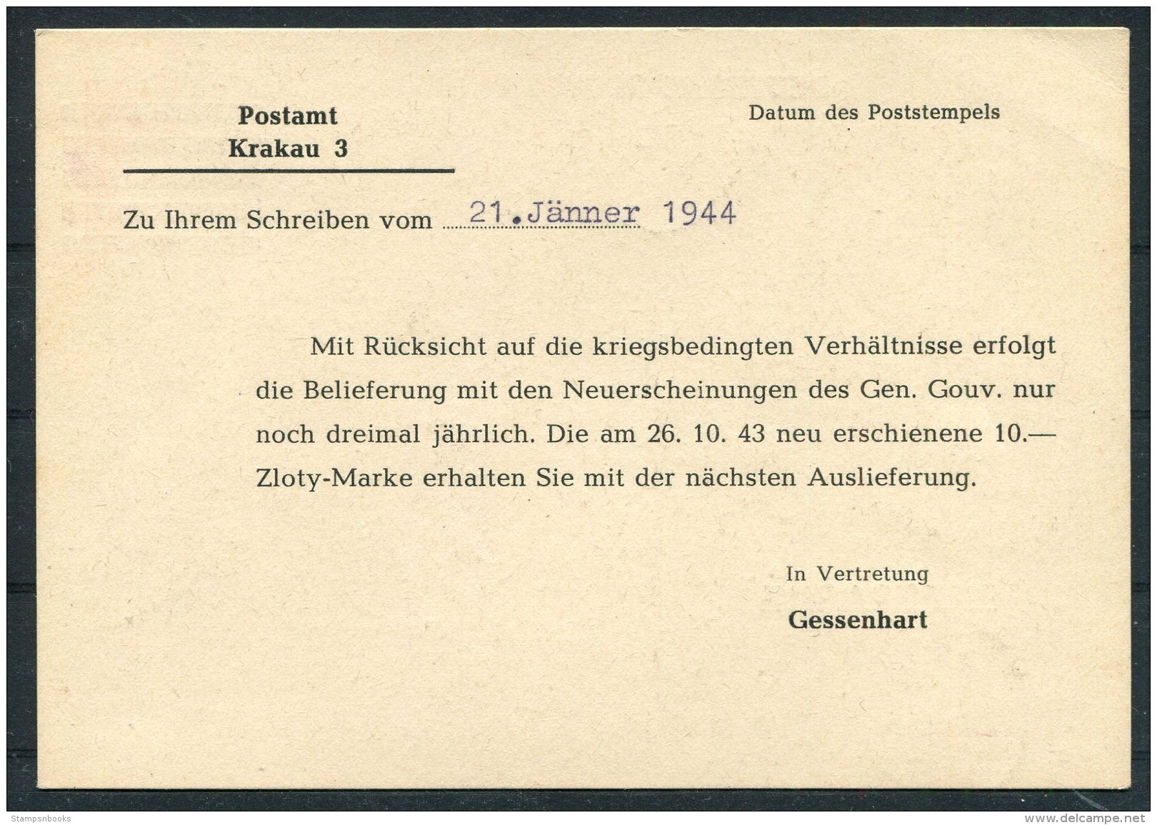 1944 Deutsche Post Esen Postkarte Stationery Polska Krakau Postamt - General Government