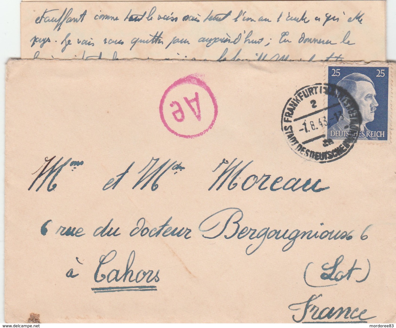 HITLER 25PF SUR LETTRE FRANKFURT STADT DESDEUTSCHEN HANDWERKS 1/8/1943 - STO +CENSURE - POUR CAHORS - 2. Weltkrieg 1939-1945