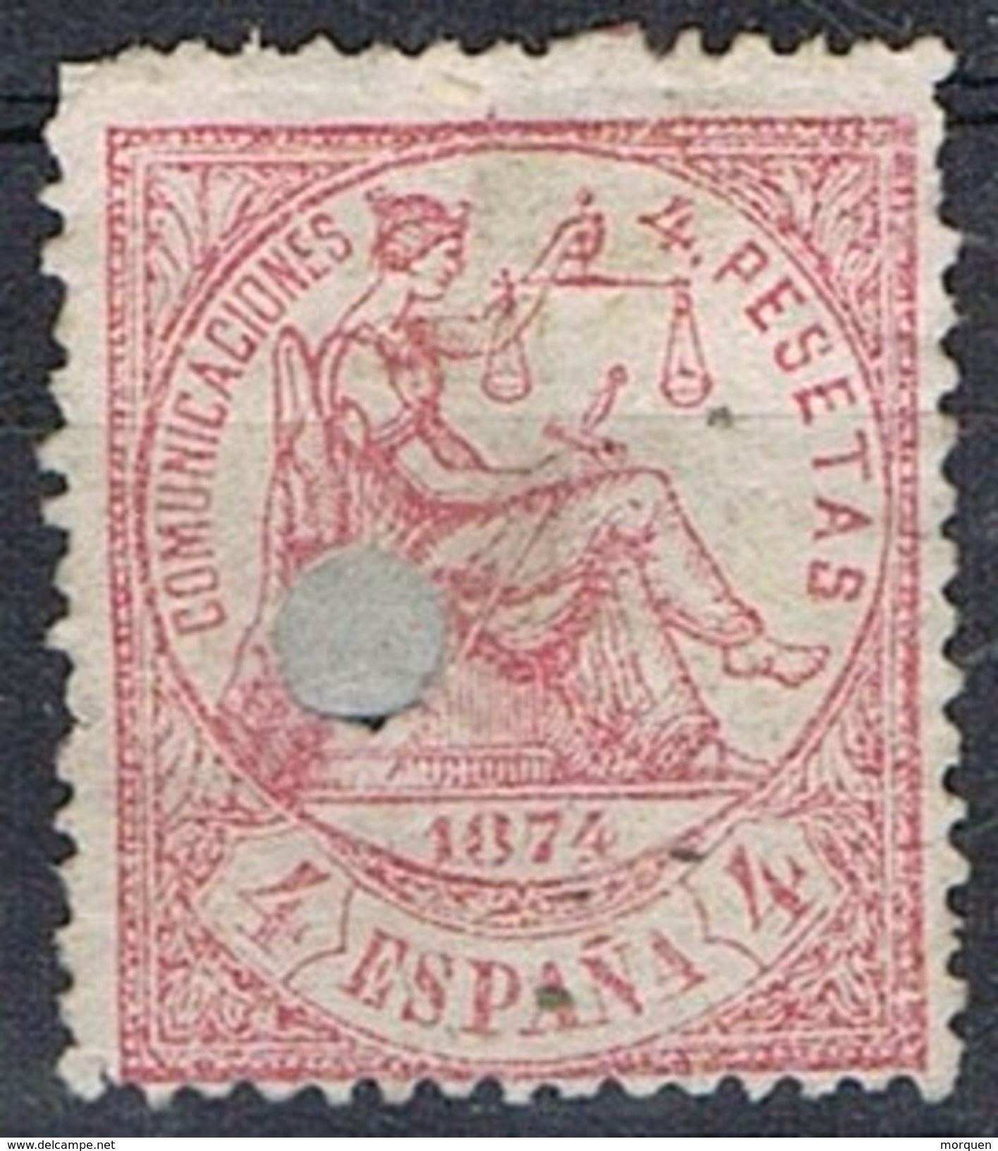 Sello 4 Pts Alegoria Juticia 1874, Perforado Telegrafico, Edifil Num 151T º - Oblitérés