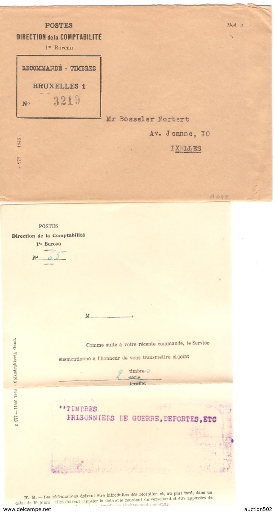 Lettre Du Service Des Postes Direction Comptabilité 1er Bureau Recommandé Timbres BXL 1 PR4166 - Post Office Leaflets