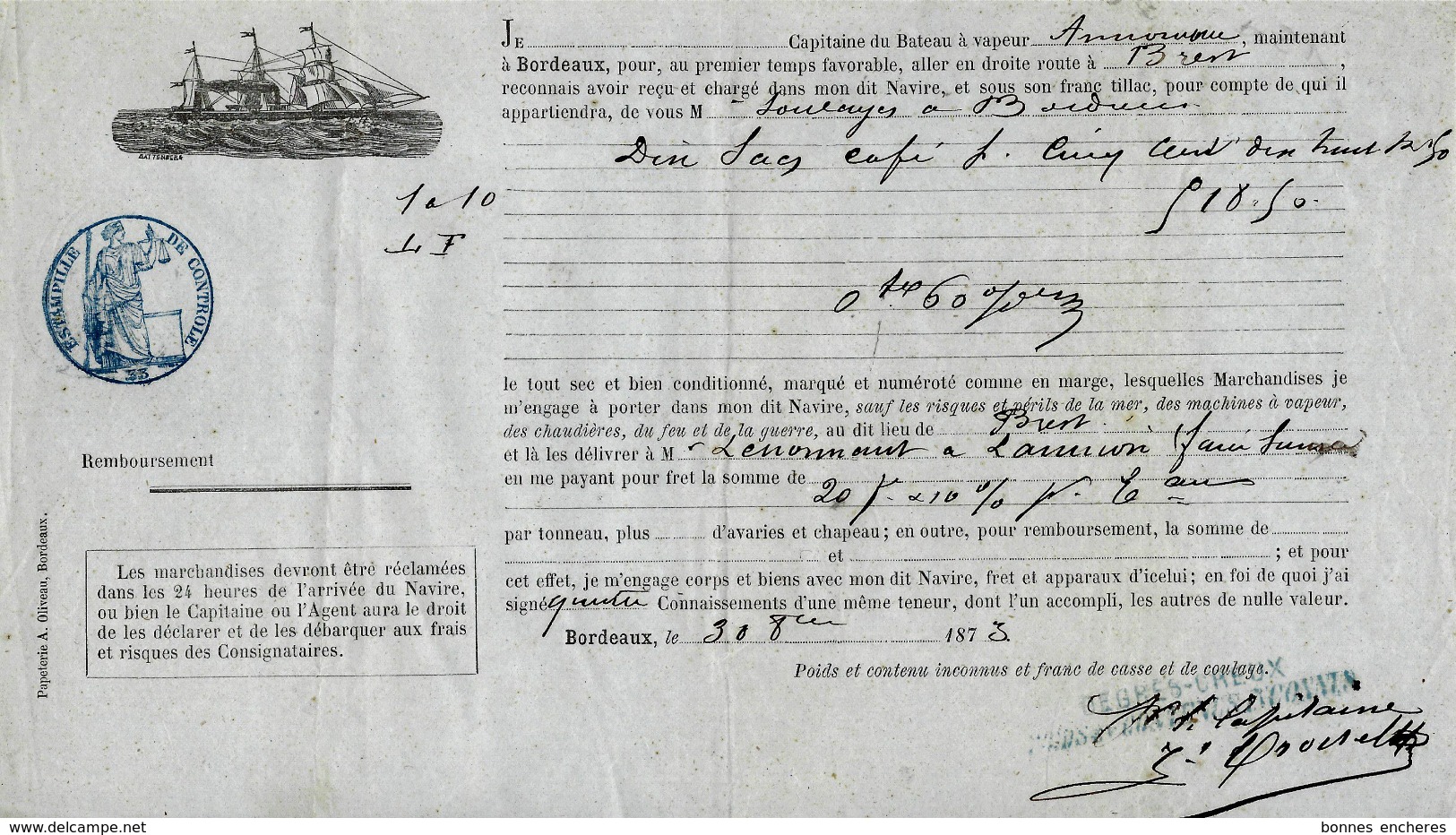 CONNAISSEMENT BILL OF LADING 1873 TRANSPORT MARITIME CAFE De Bordeaux à Brest Pour  Mr Lenormant à Lannion Signature - 1800 – 1899