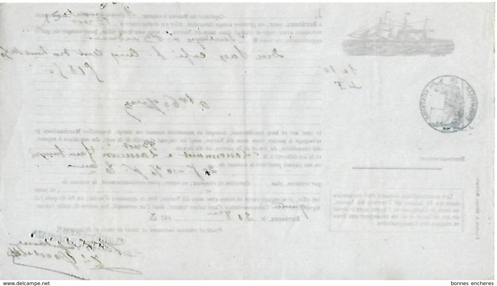 CONNAISSEMENT BILL OF LADING 1873 TRANSPORT MARITIME CAFE De Bordeaux à Brest Pour  Mr Lenormant à Lannion Signature - 1800 – 1899