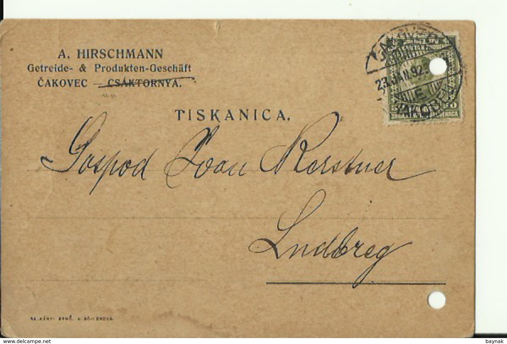 CROATIA  --  TISKANICA   1932  --  CAKOVEC  --  A. HIRSCHMANN  --  GETREIDE & PRODUKTEN - GESELSCHAFT - Kroatien