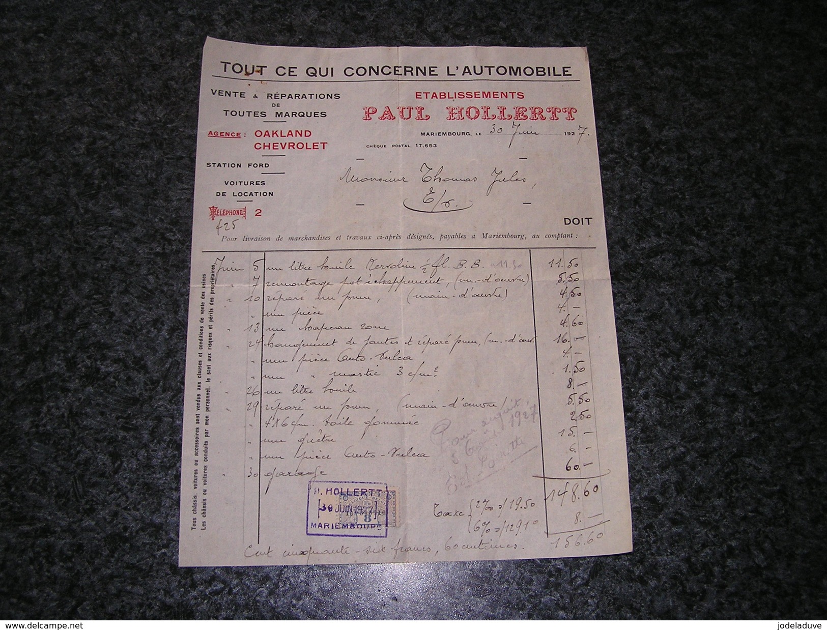 AGENCE OAKLAND CHEVROLET Garage Paul Hollert Mariembourg Facture Timbre Taxe Année 1927 Agence Vente Réparation Auto - Automobil