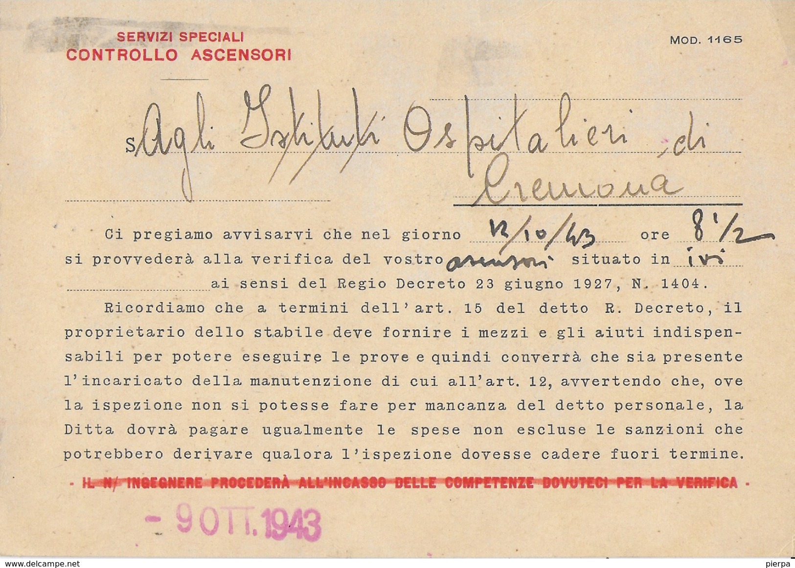 ANNULLO A TARGHETTA "TACI!" UFF. BRESCIA 08.10.1943  ORNAGHI 301.43 SU CARTOLINA INTESTATA - Storia Postale