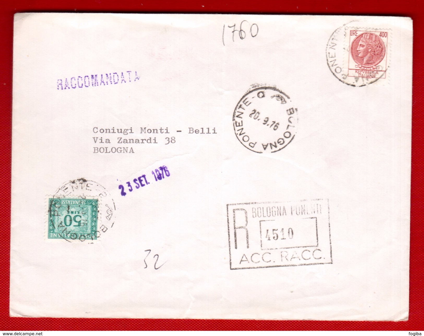 TI51     ITALIA 1976 - Siracusana £ 400 Isolato Su Raccomandata  Tassata £ 50 - 1971-80: Storia Postale