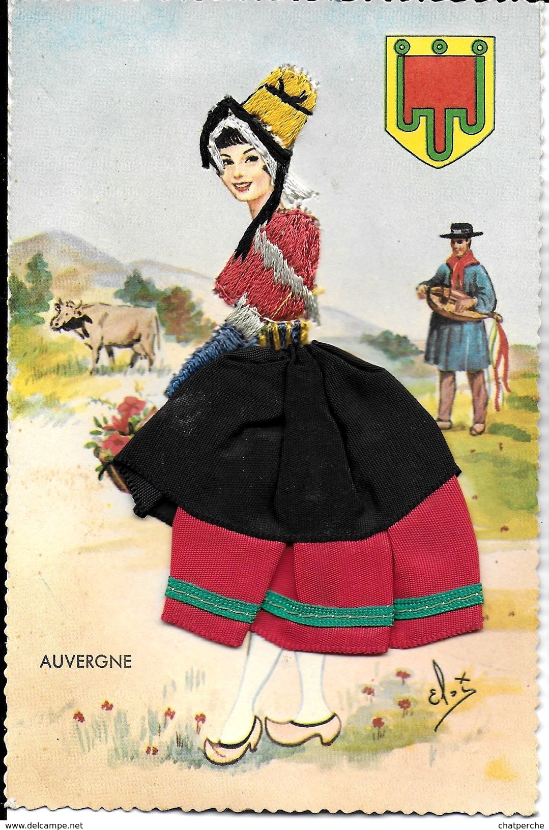 CARTE BRODEE  AUVERGNE COSTUME FOLKLORE ILL. ELSI  EDIT. VACANCES  ECRITE - Bordados