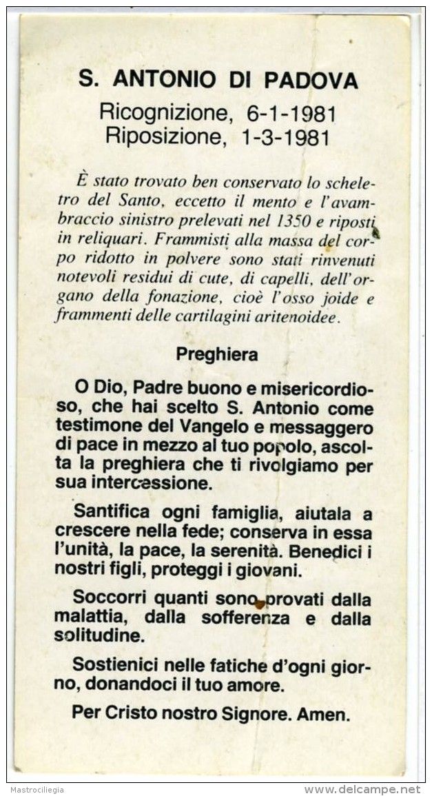 SANT'ANTONIO DA PADOVA  Santino Immagine Dello Scheletro Del Santo  Occasione Della Ricognizione Del 6-1-1981 Preghiera - Religione & Esoterismo