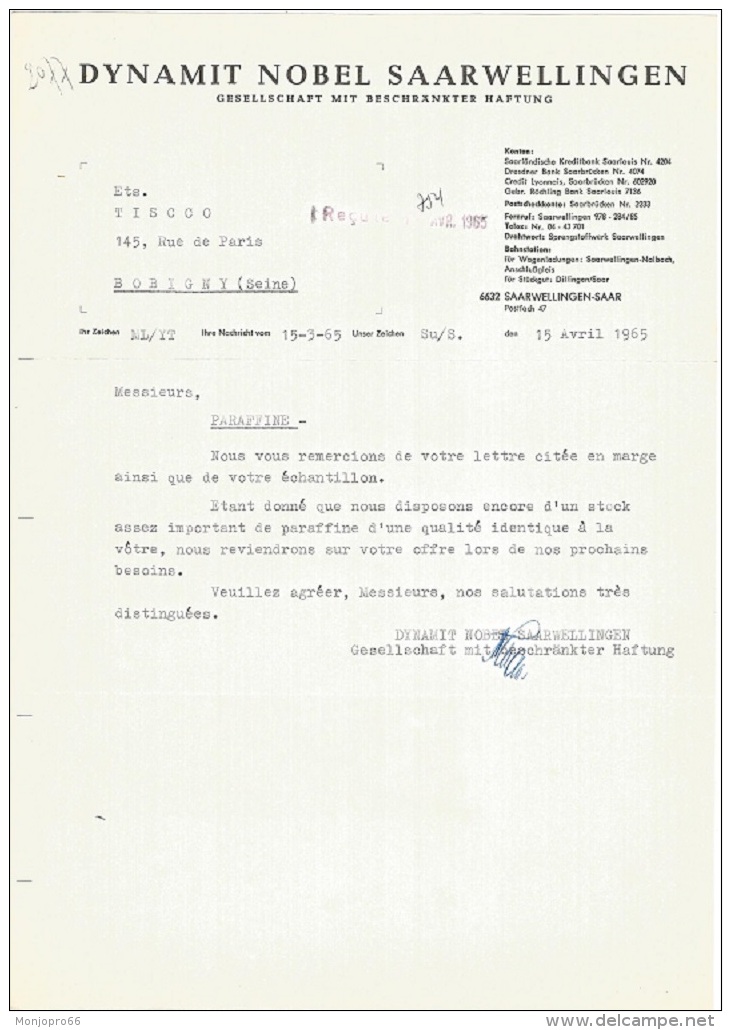 Lettre Dactylographiée De La Société Dynamit Nobel Saarwellingen De Saarwellingen Saar    Allemagne Saar  Et De 1965 - 1950 - ...