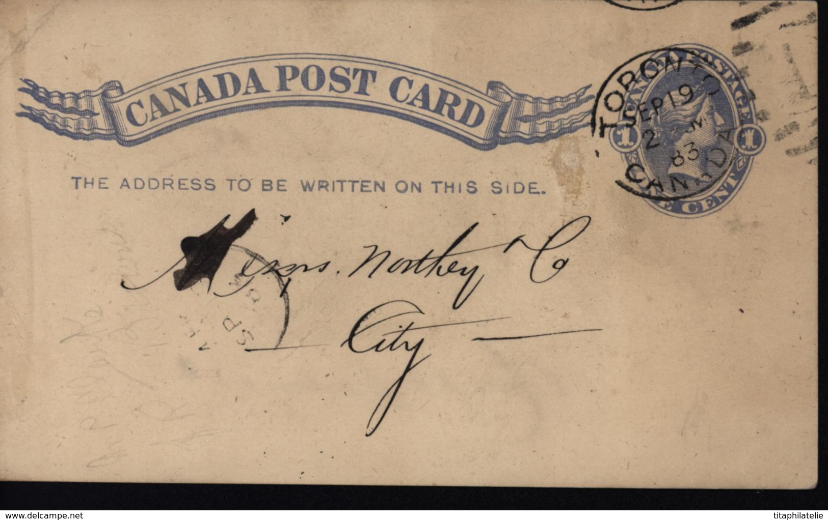 Entier Victoria Bleu Repiqué Au Dos Général Express Office CAD TORONTO CANADA SEPT 19 2 M 83 Killer 1 - 1860-1899 Regno Di Victoria