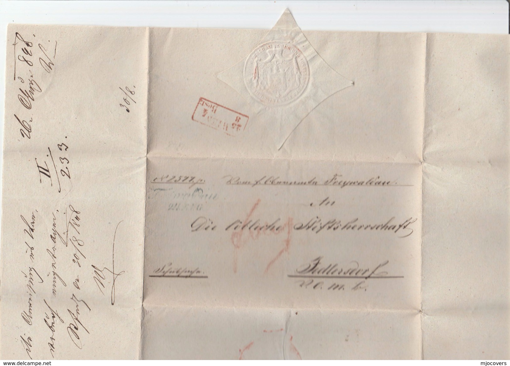 1848 AUSTRIA ENTIRE LETTER With  'JEDLERSDORF 24 AUG' & 'WIEN 25 8 4 Best' With JUDICIAL OFFICE SEAL Pre Stamps Cover El - ...-1850 Prephilately