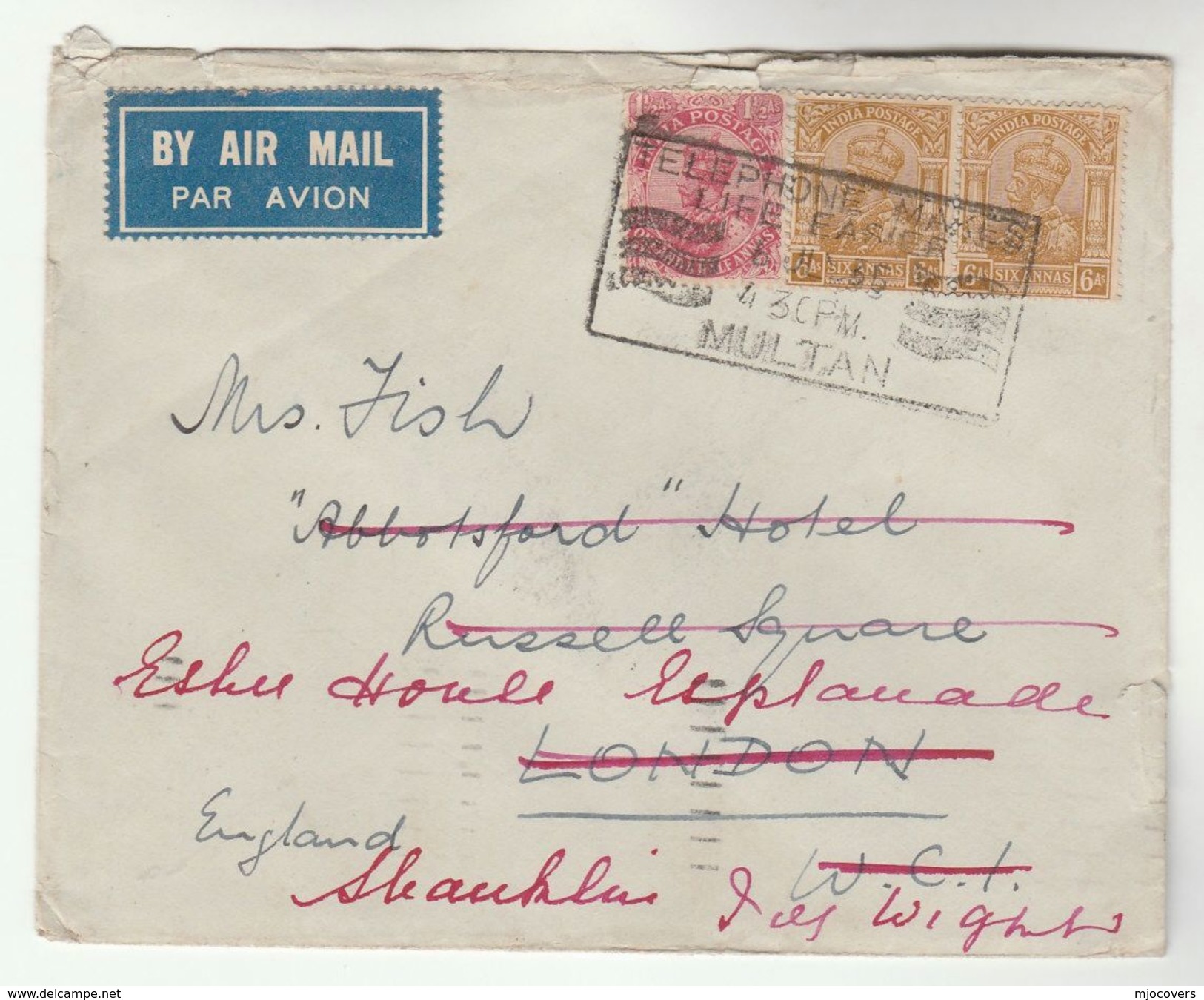 1935 Airmail INDIA COVER GV 2x 6a 1x1 1/2a SLOGAN MULTAN TELEPHONE To Abbotsford HOTEL London GB REDIRECTED Stamps - 1911-35 King George V