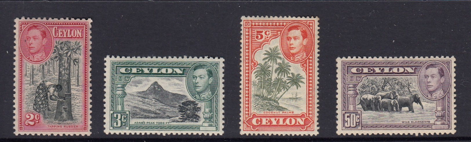 Ceylon 1938 Definitives 4 MUH - Rubber Tree, Elephants, Mountain & Palm Trees - Ceylon (...-1947)