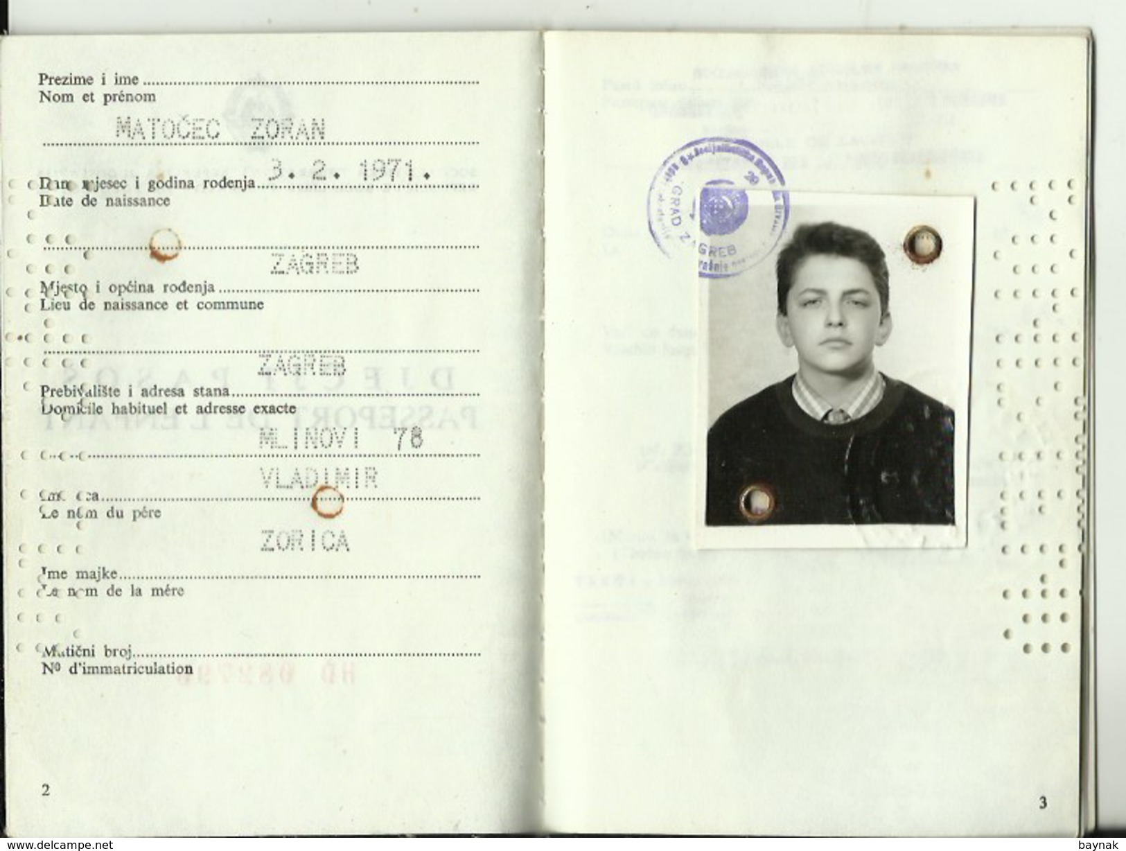 Q56  --  PASSPORT  --   SFR YUGOSLAVIA  --   PASSEPORT DE L `ENFANT  --  BOY  --  1984 - Historische Dokumente