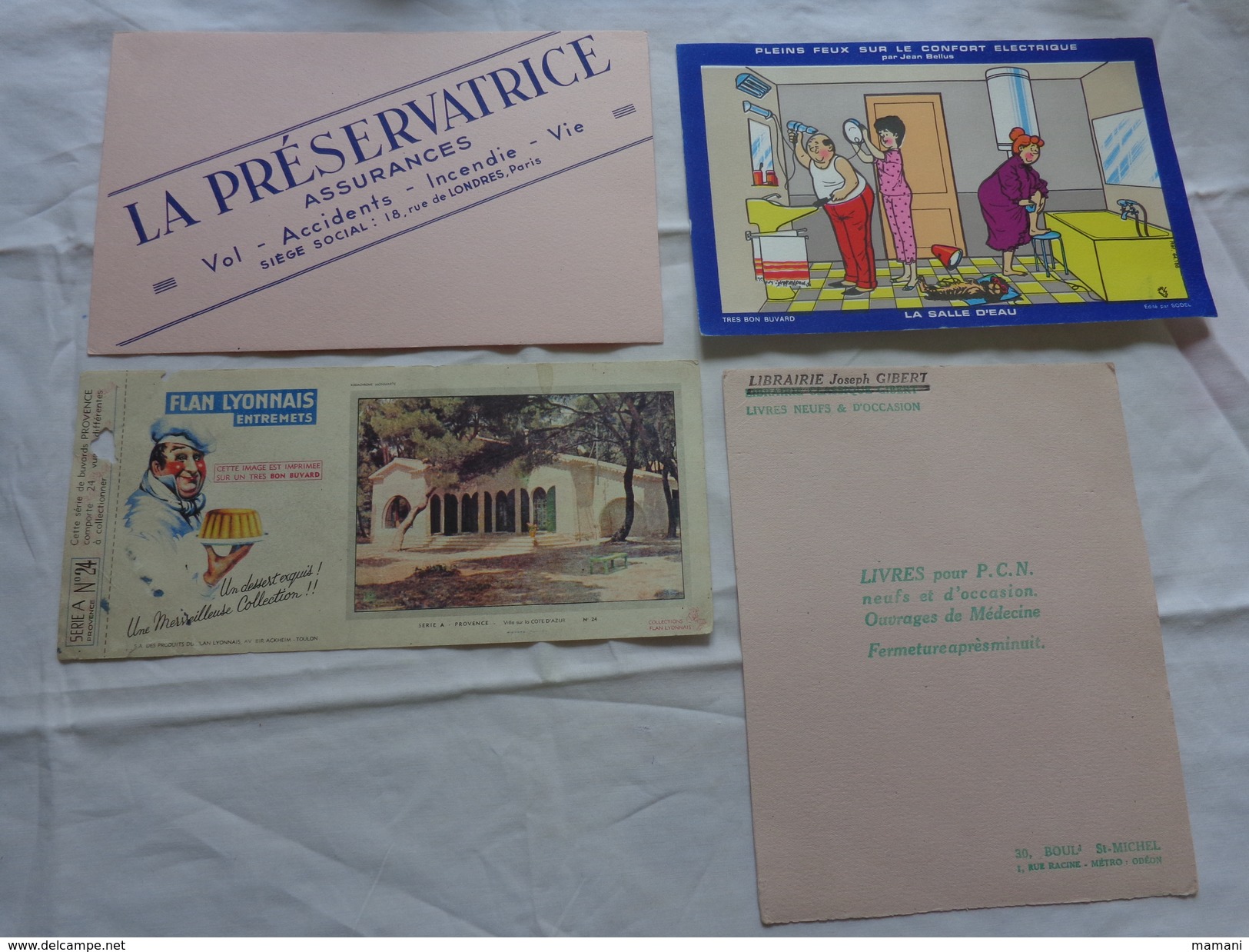 4 Buvards -librairie Joseph Gibert-assurance-pleins Feu Sur Le Confort Electrique Bellus-flan Lyonnais N°24 - Autres & Non Classés