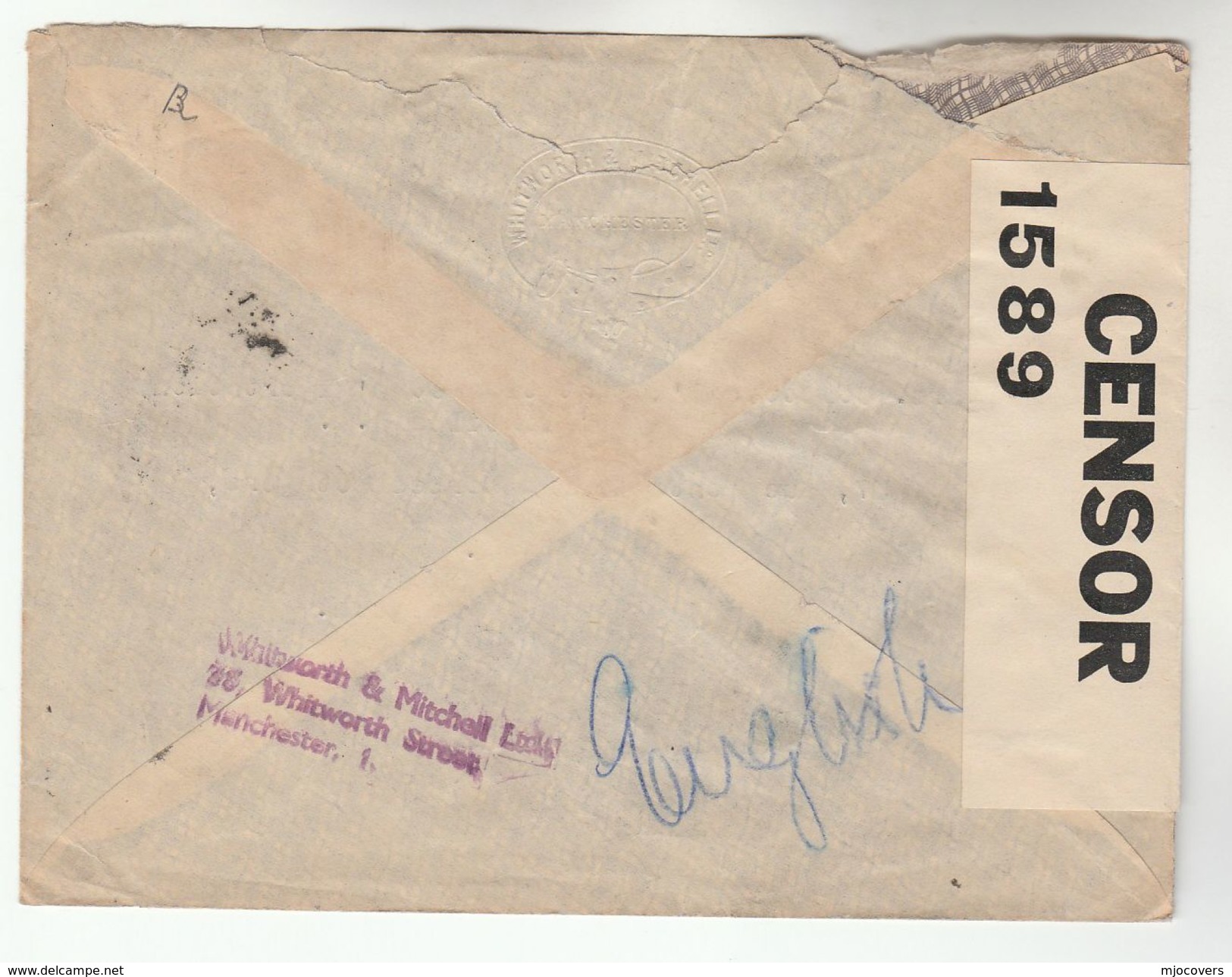 1940 Manchester GB CENSOR COVER Stamps PERFIN ´MW´  From WHITWORTH MITCHELL To Belgium  Censored Cds - Briefe U. Dokumente