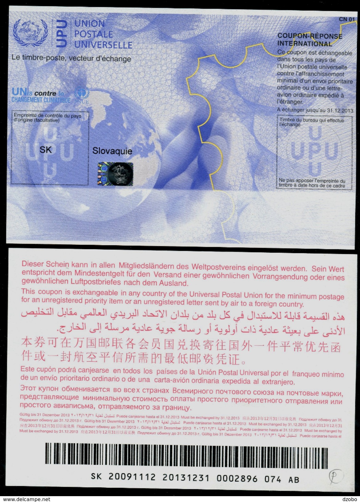 305-SLOVAKIA International Reply Coupon (IRC)-Coupon-réponse International Model NAIROBI (CRI 6) 5000 Pcs 2009 - Variedades Y Curiosidades