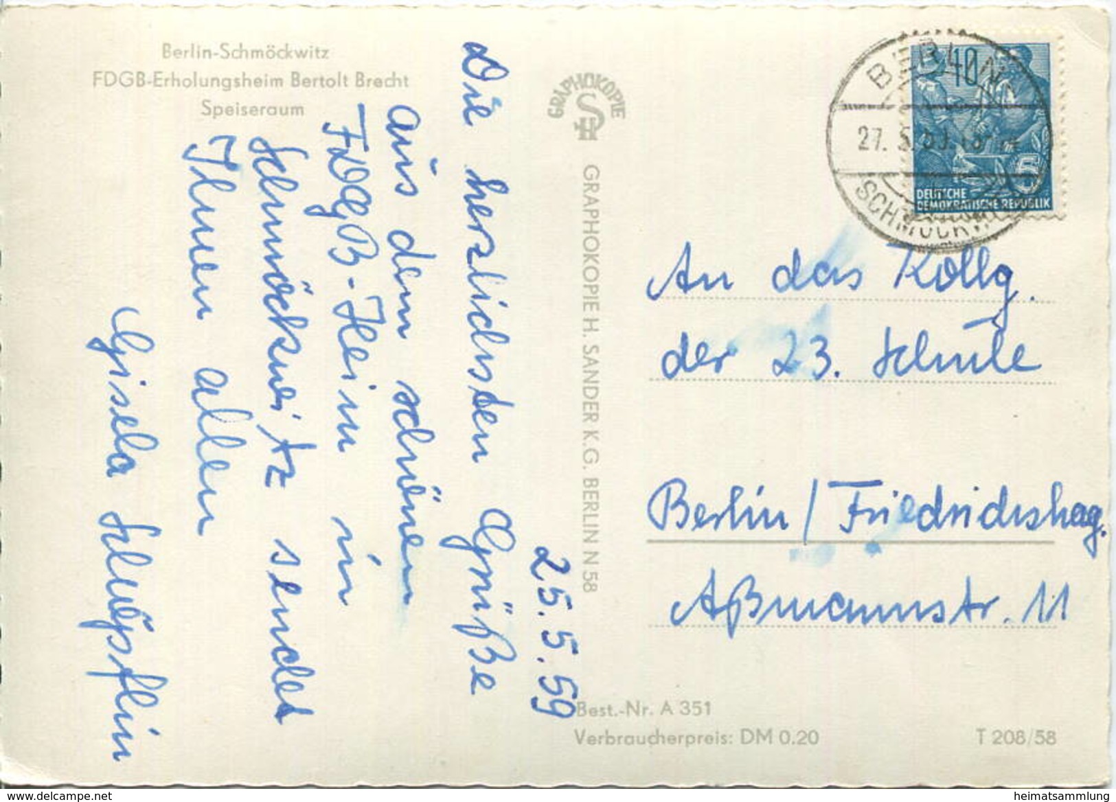Berlin - Schmöckwitz - FDGB-Erholungsheim Bertolt Brecht - Speiseraum - Foto-AK Grossformat 1958 - Verlag H. Sander K. G - Schmöckwitz