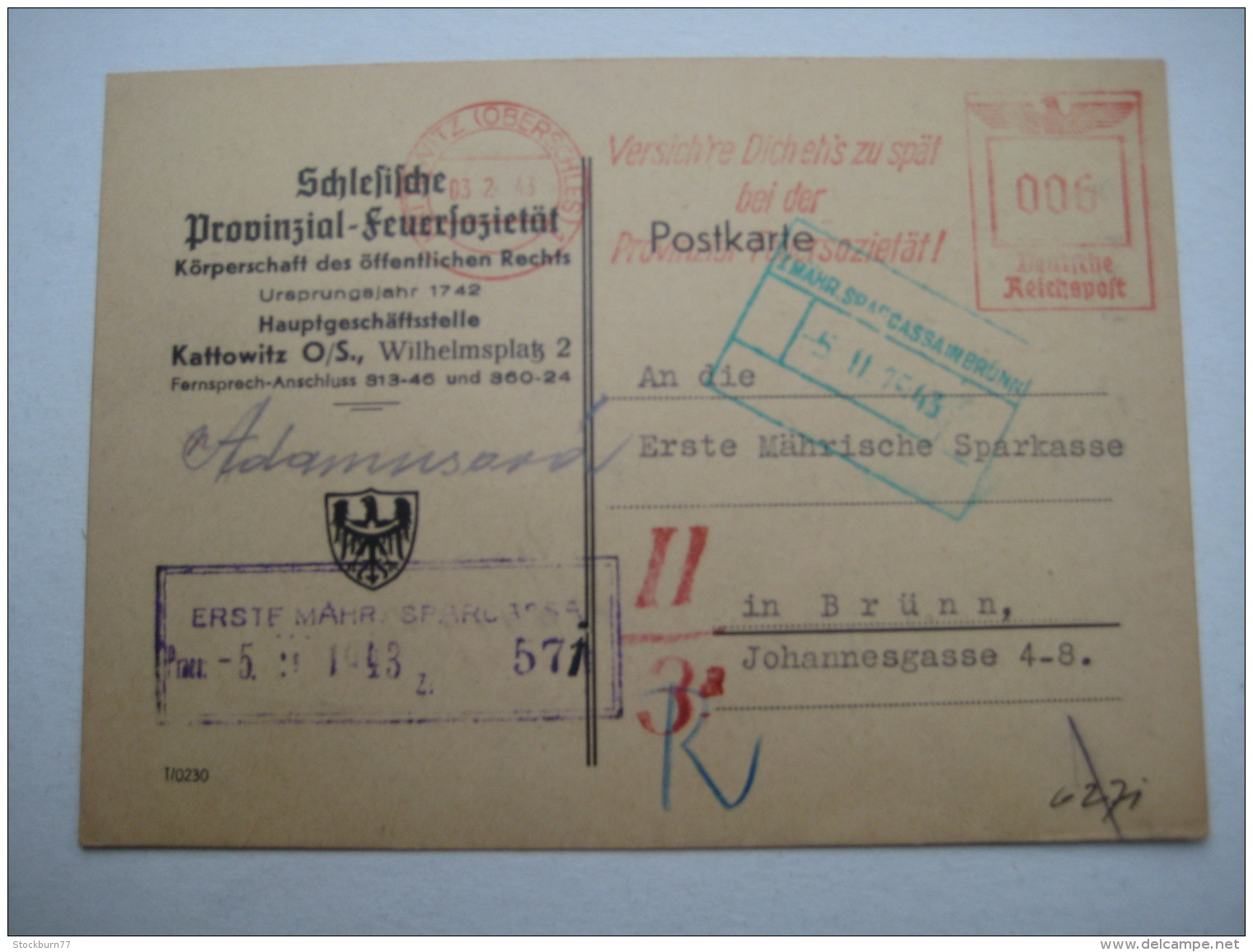 Firmen Freistempel , Meterstempel Auf Beleg Aus   1943 , Kattowitz - Briefe U. Dokumente