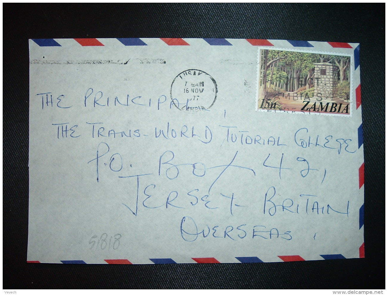 DEVANT DE LETTRE Pour JERSEY TP MONUMENT NEARBY 15 N OBL.MEC.16 NOV 1977 LUSAK... - Zambia (1965-...)