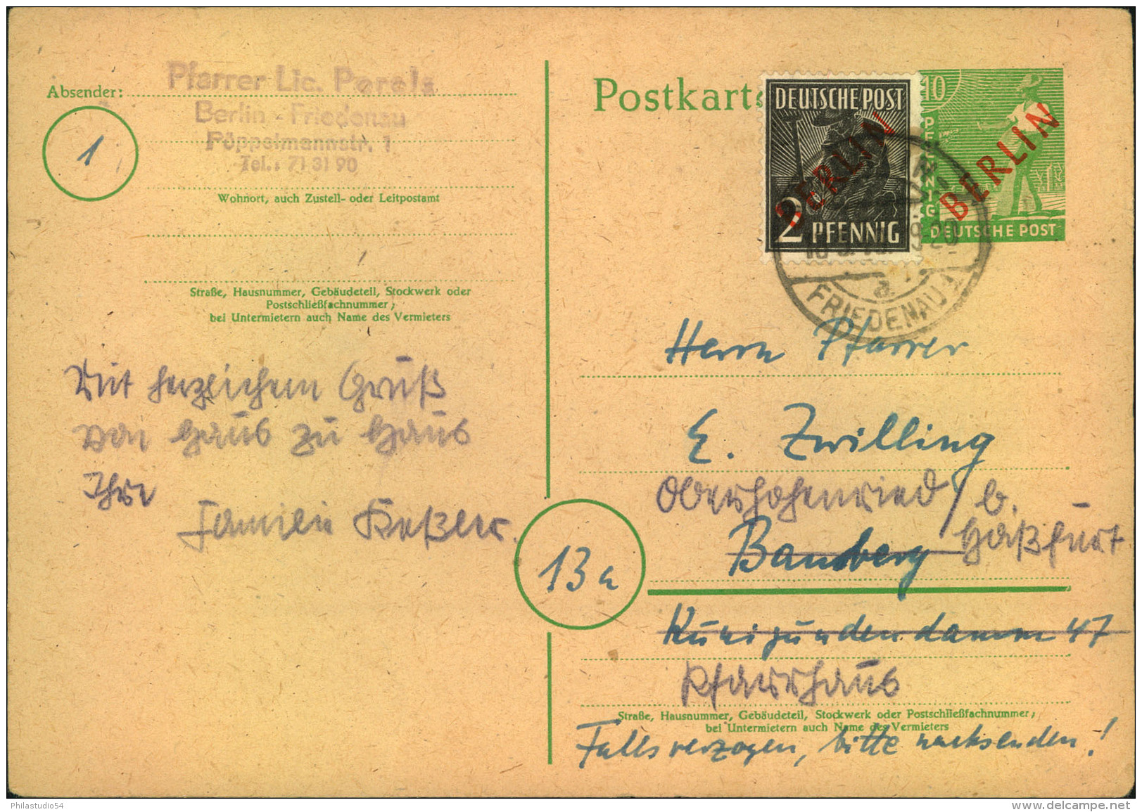 1949, 10 Pfg. Rotaufdruckkarte Mit 2 Pfg. RA Als Zusatzfrankatur Ab BERLIN-FRIEDENAU - Altri & Non Classificati