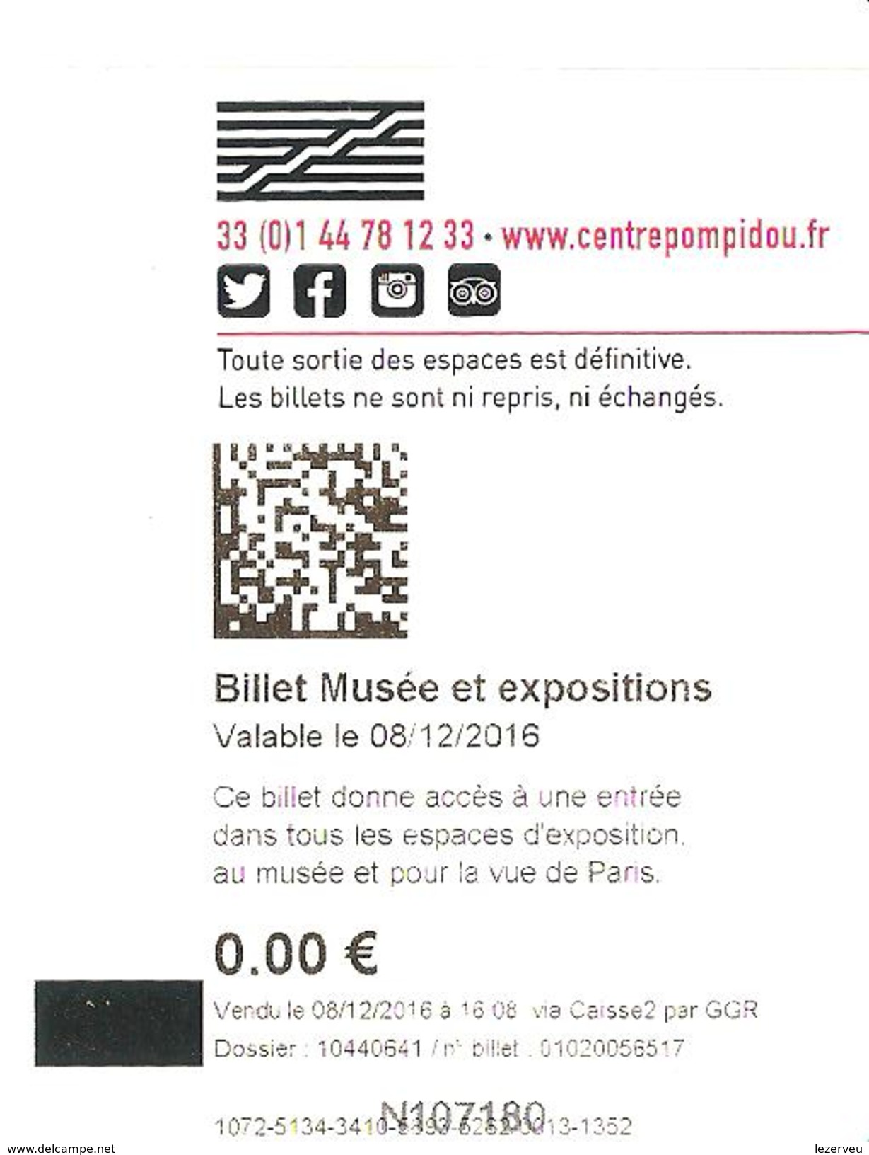 TICKET ENTREE MUSEE CENTRE POMPIDOU (musee Et Expositions) - Tickets - Entradas