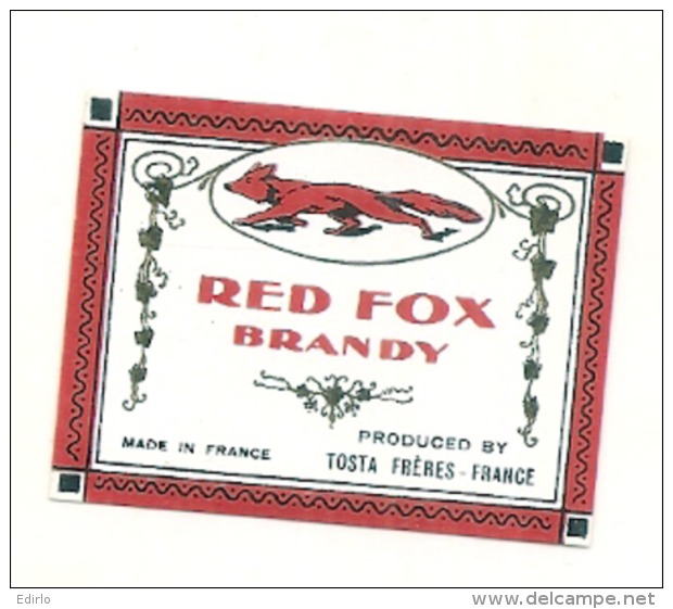 étiquette -  1900/1940 - Mini étiquette Mignonette - Flask - Red Fox Brandy TOSTA - Renard  - 5cm - Whisky