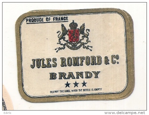 étiquette -  1900/1940 - Mini étiquette Mignonette - Flask - Brandy - Jules ROMFORD -  5cm - Whisky