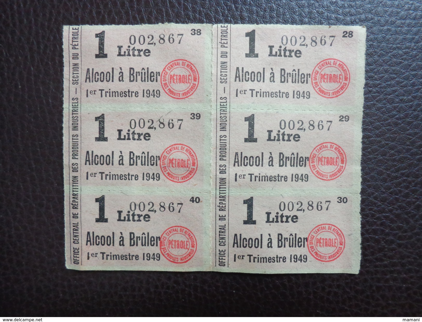 6 Tickets De Rationnement -alcool A Bruler- - Documents Historiques