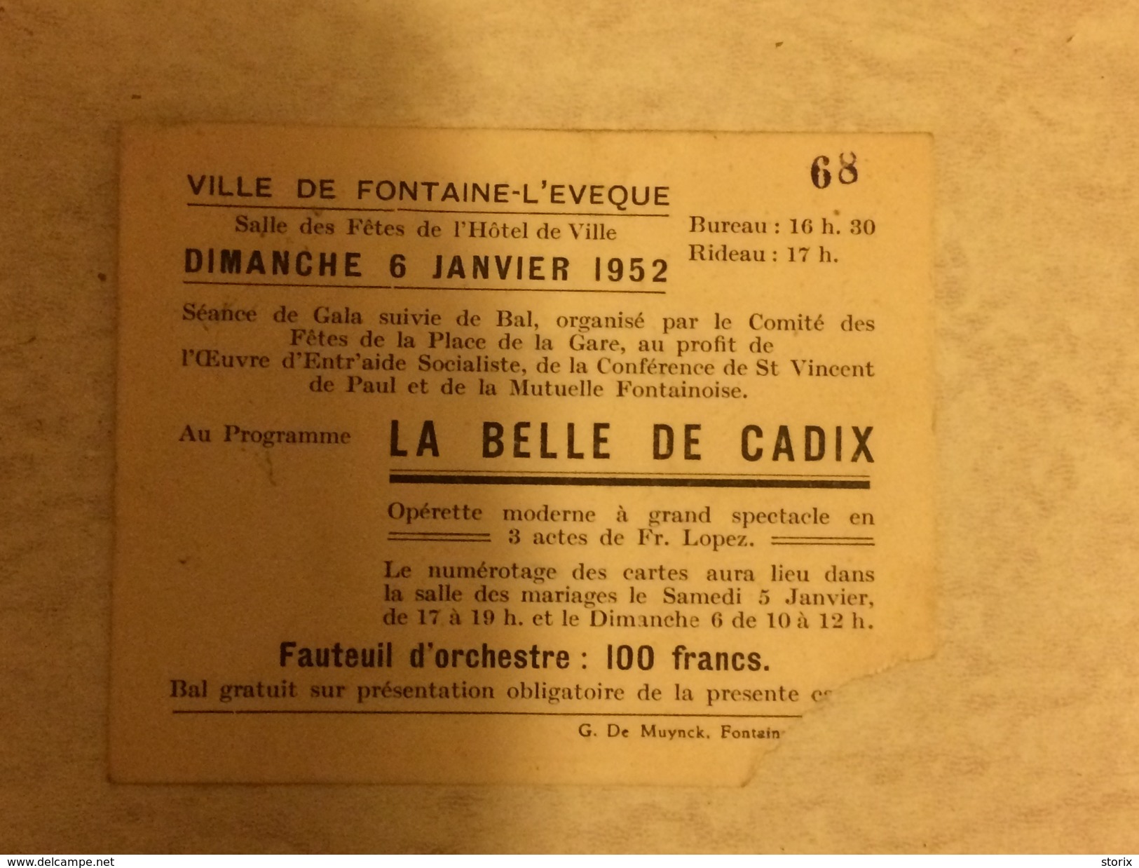 Ticket Ville De Fontaine-L'Eveque 1952 Operette "La Belle De Cadix" - Toegangskaarten