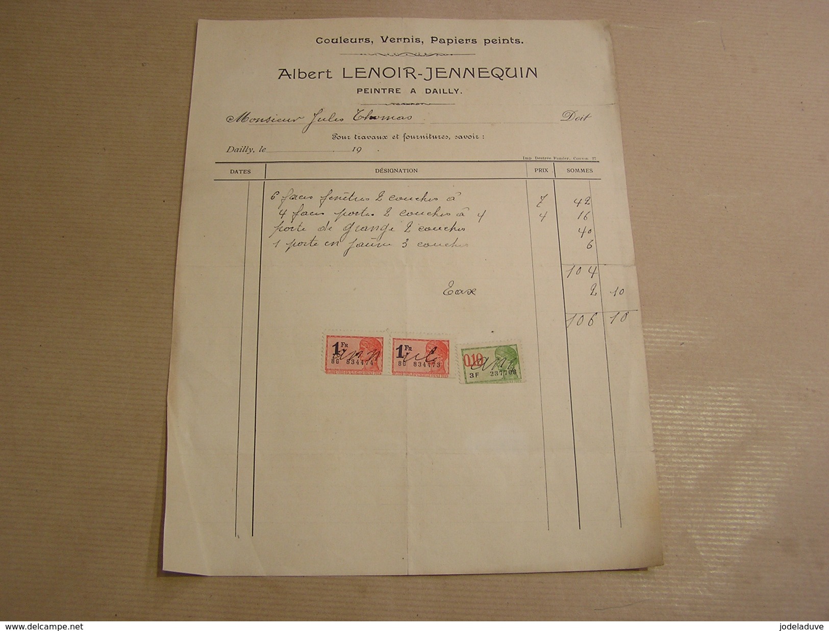 ENTREPRISE ALBERT LENOIR JENNEQUIN à DAILLY ( Couvin ) Peintre Peinture Facture Avec Timbres Taxes Timbre Taxe - Ambachten