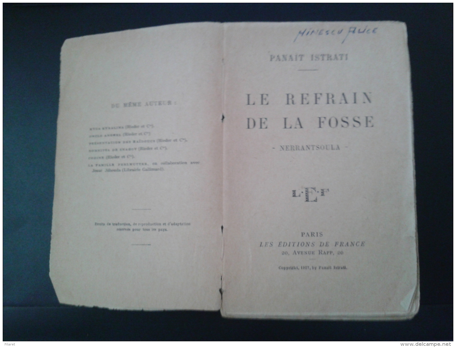 PANAIT ISTRATI-LE REFRAIN DE LA FOSSE-NERRANTSOULA-,1927 PERIOD - 1801-1900