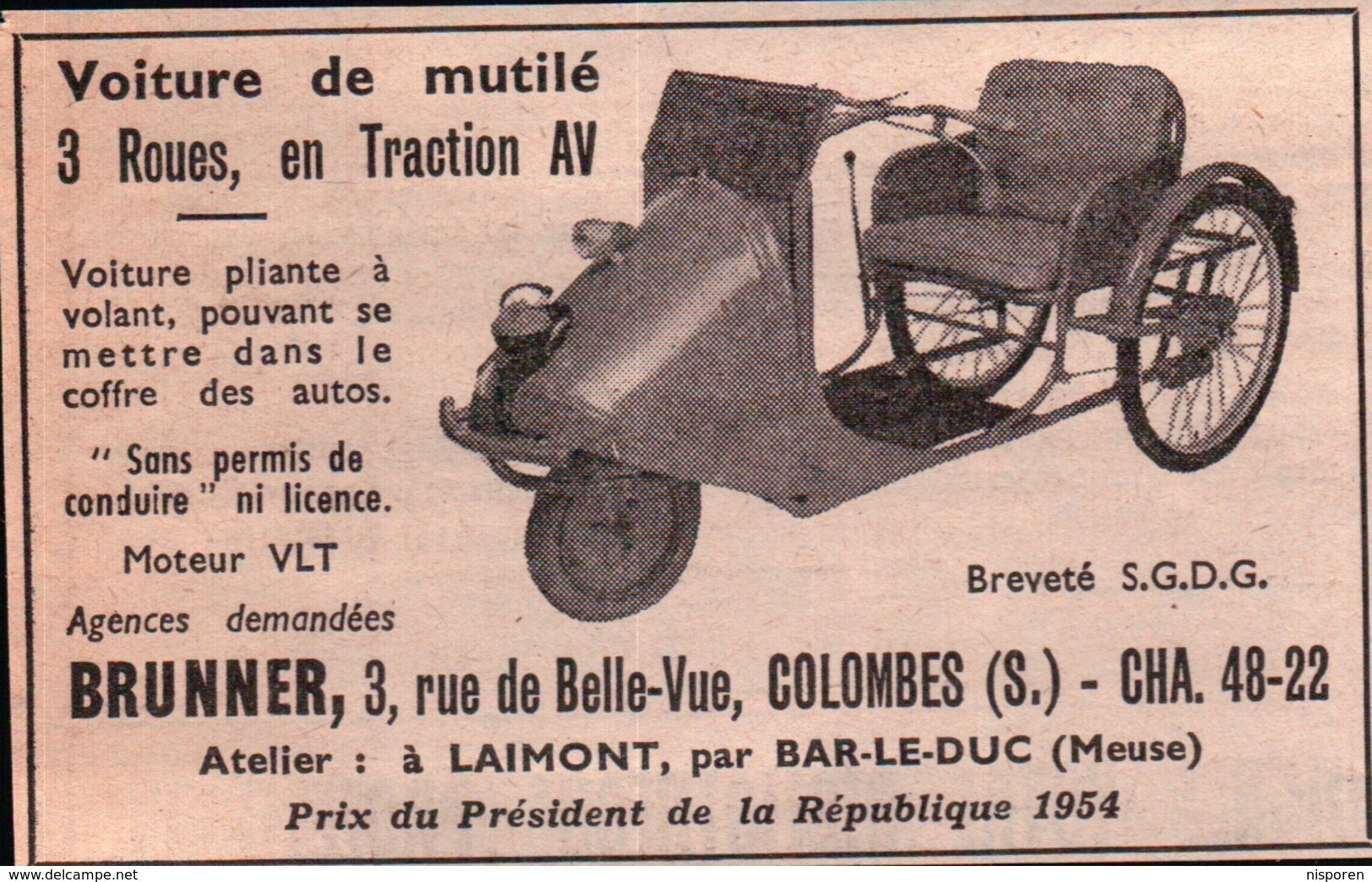 Voiture De Mutilé 3 Roues Traction Avant - Brunner Laimont  - Pub  Tirée De L'Officiel Du Cycle Et Du Motocycle 1959 - Advertising