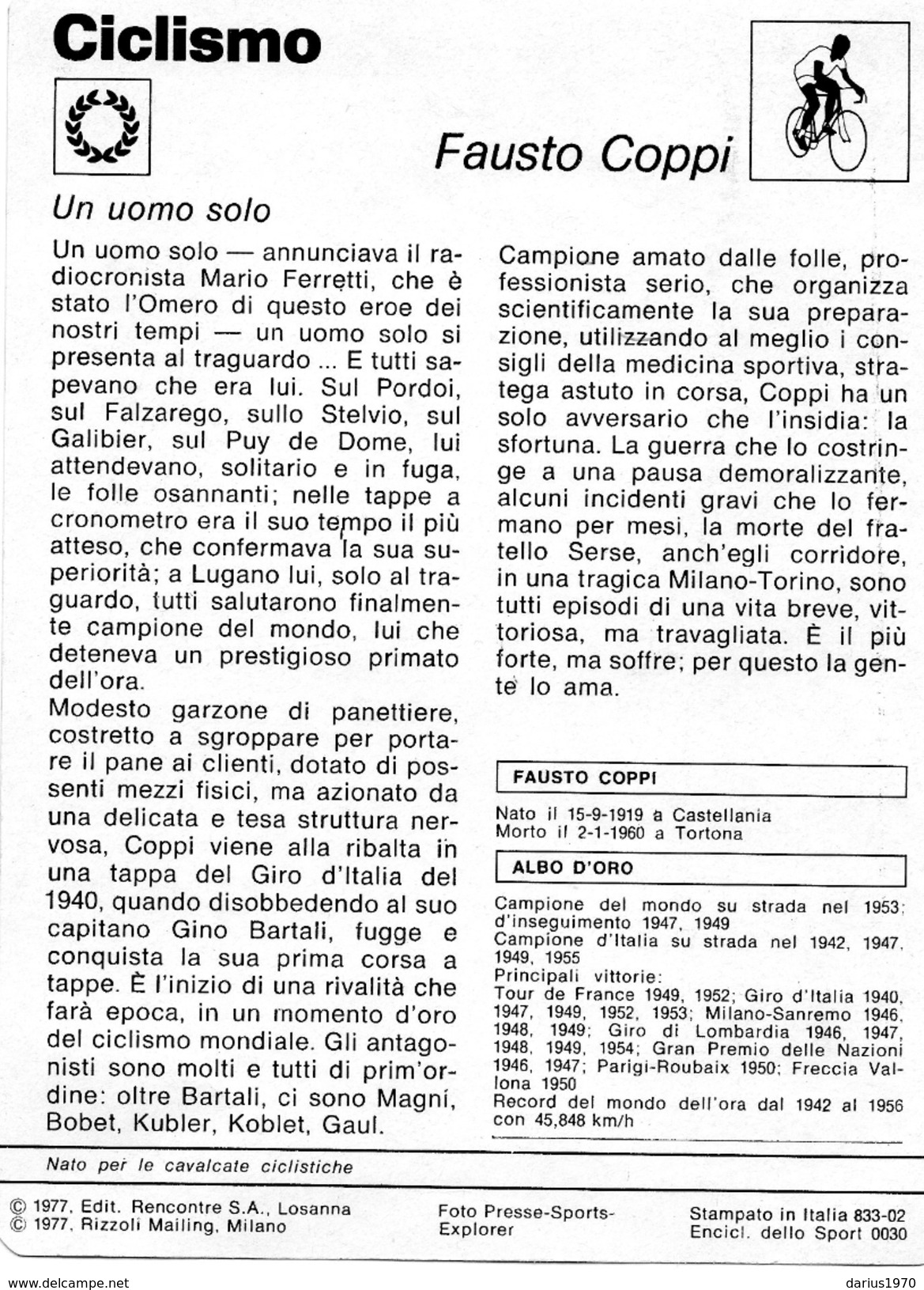 Fausto Coppi - Scheda Tecnica A Colori Del 1977 Edita Dalla Rizzoli - Ciclismo