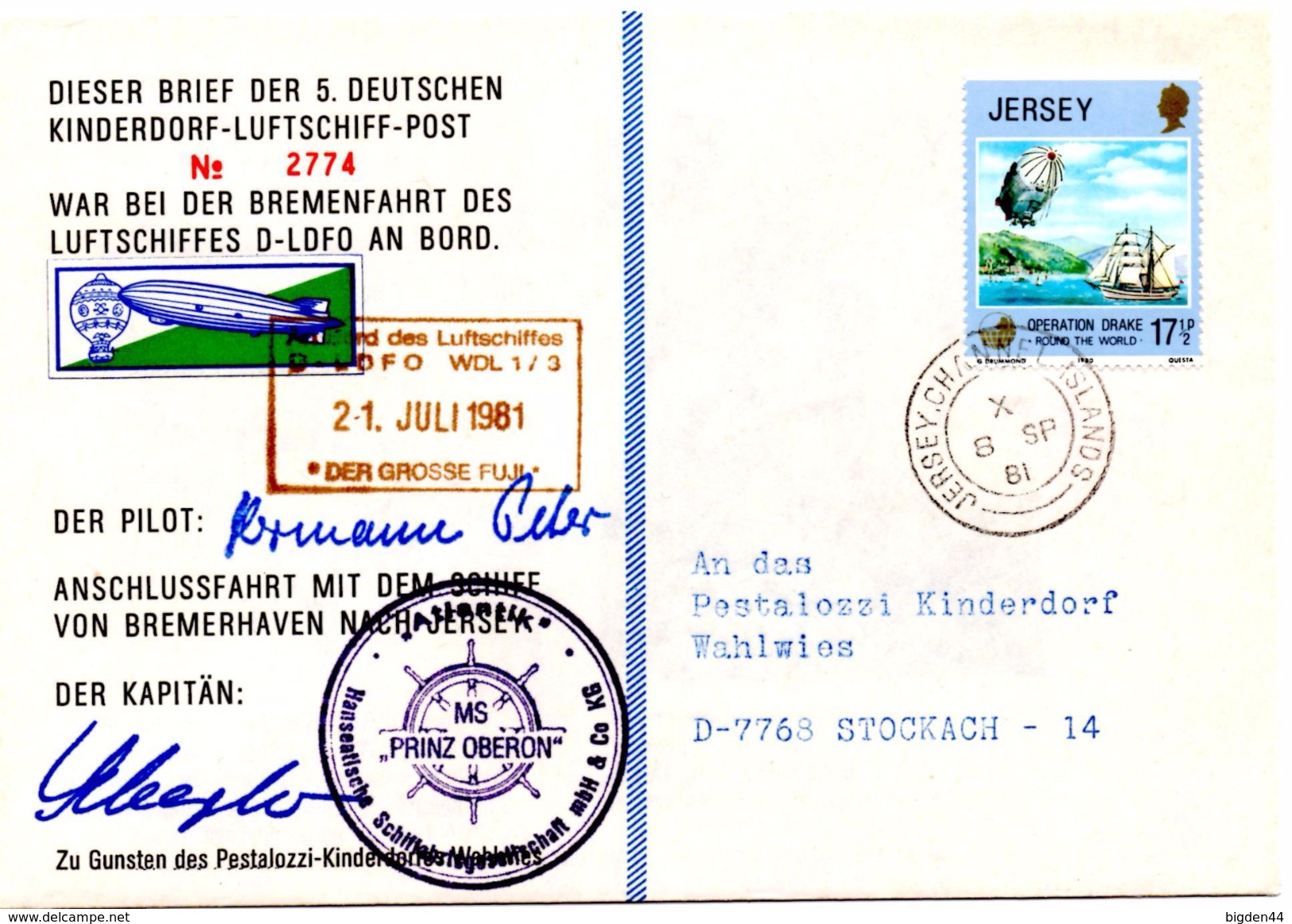 Lettre De Jersey (08.09.1981) Pour Stockach_Luftschiff_post Ballon_Oberon_Drake_Wahlwies - Europa
