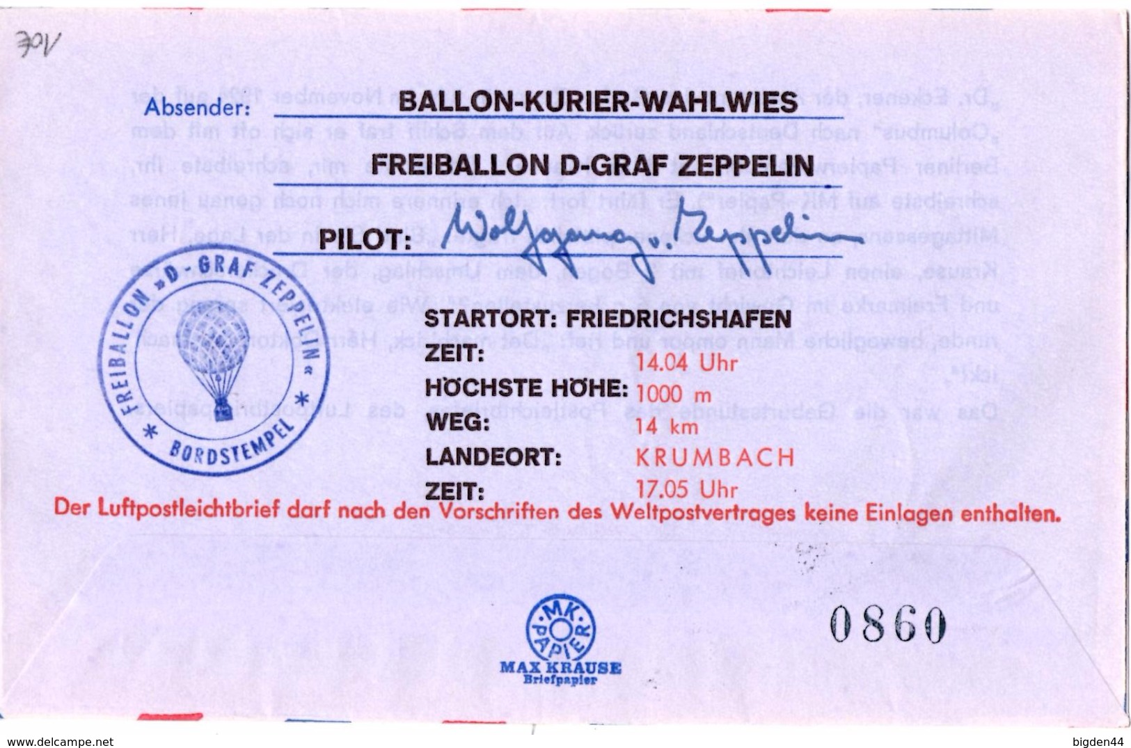 Aerogramme De Friedrichshafen (10.08.1968) Pour Wahlies_Eckener_Freiballon_Zeppelin - Europa