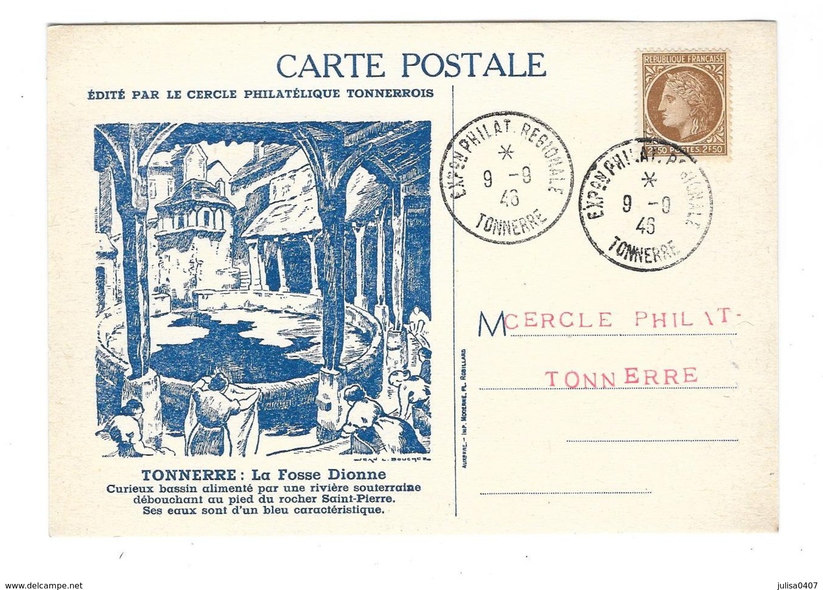 TONNERRE (89) Carte Illustrée Exposition Philatélique 1946 - Tonnerre