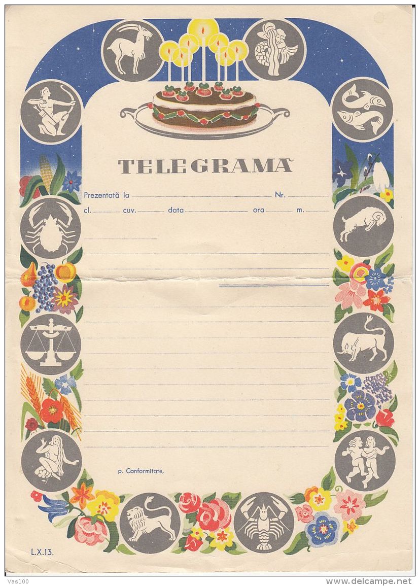 ASTROLOGY, HOROSCOPE SIGNS, BIRTHDAY CAKE, UNUSED TELEGRAMME, ROMANIA - Télégraphes