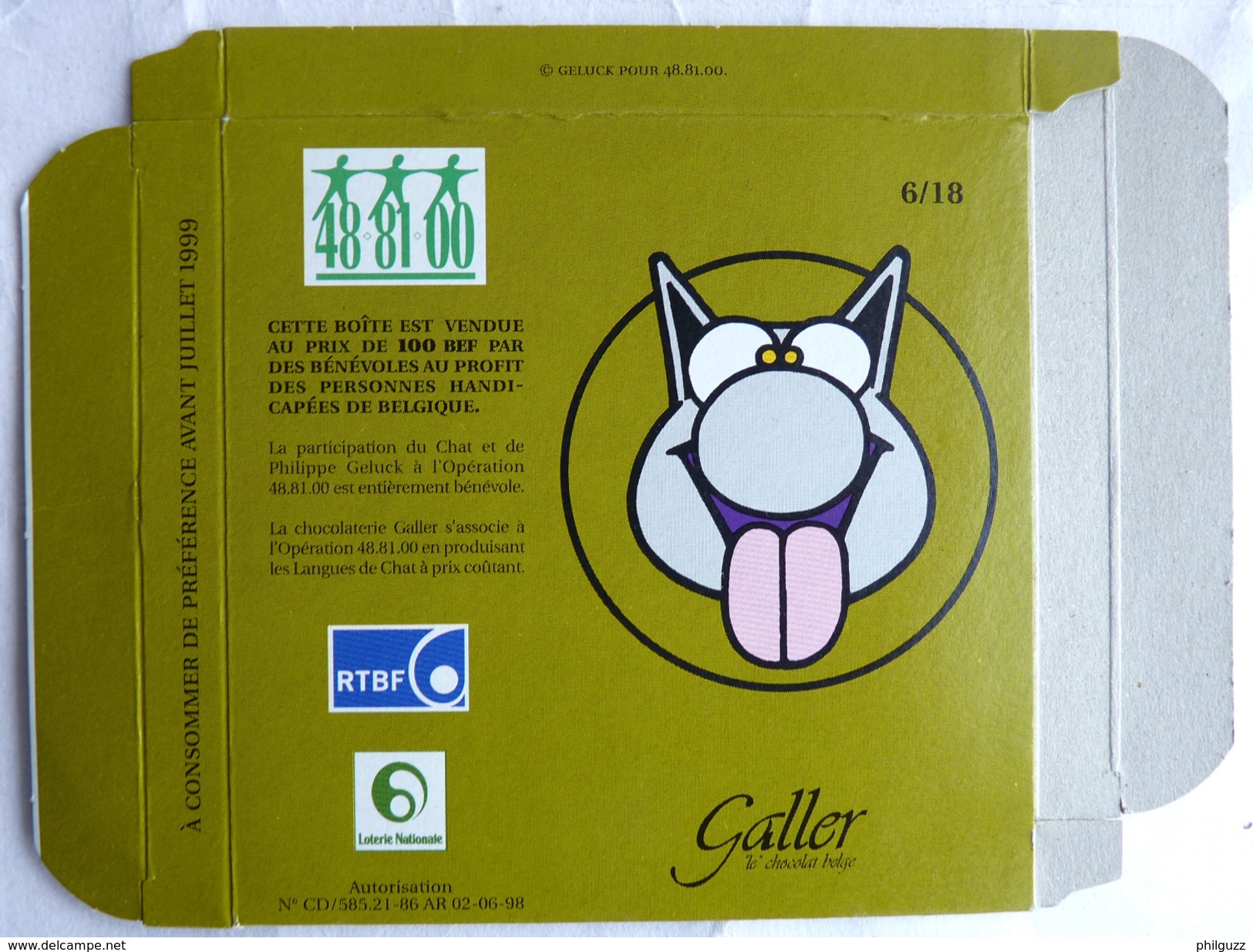 BOITE Vide CARTON GALLER 6-18 LE CHAT GELUCK 1998 - Art De La Table