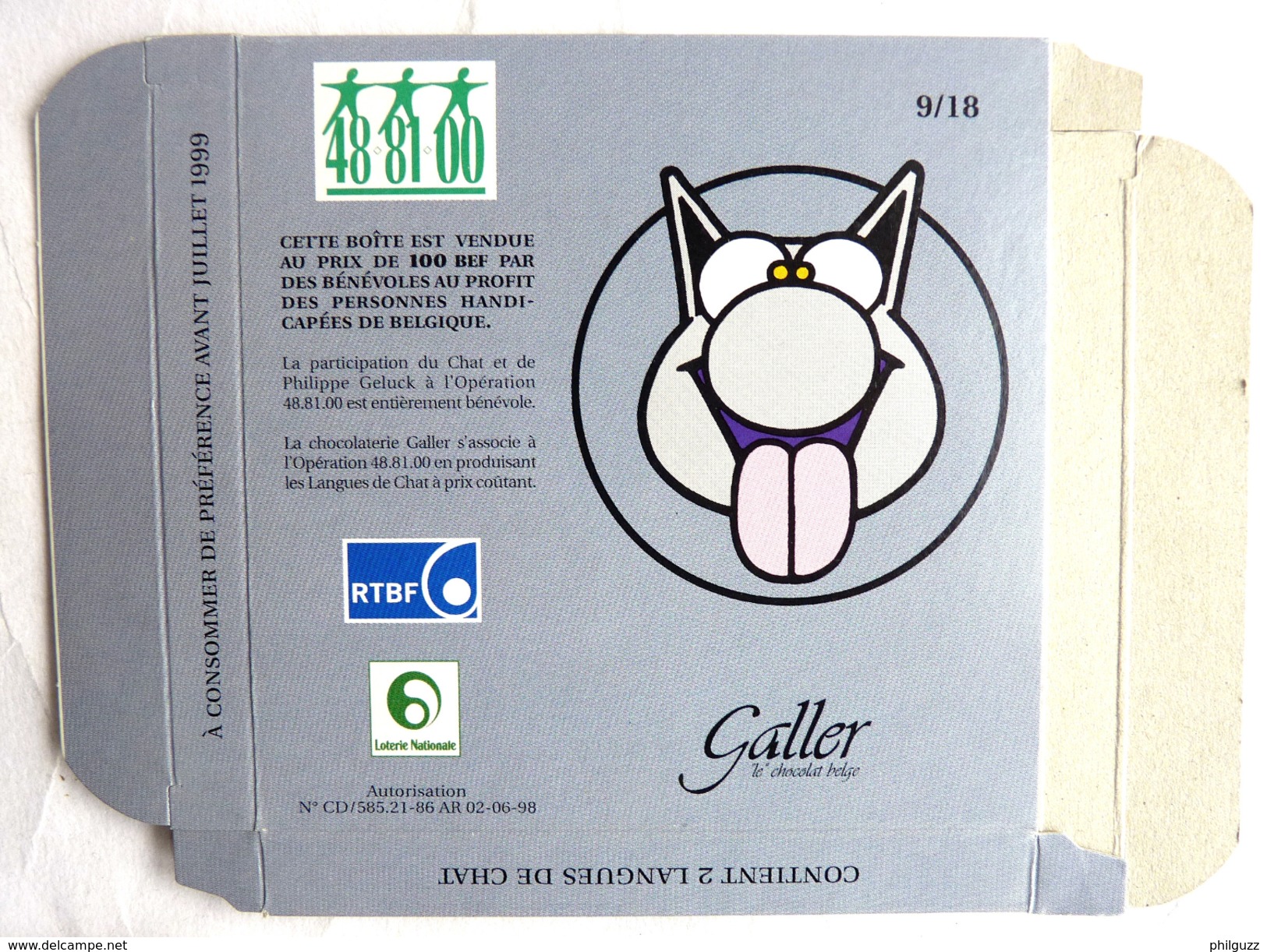 BOITE Vide CARTON GALLER 9-18 LE CHAT GELUCK 1998 - Art De La Table