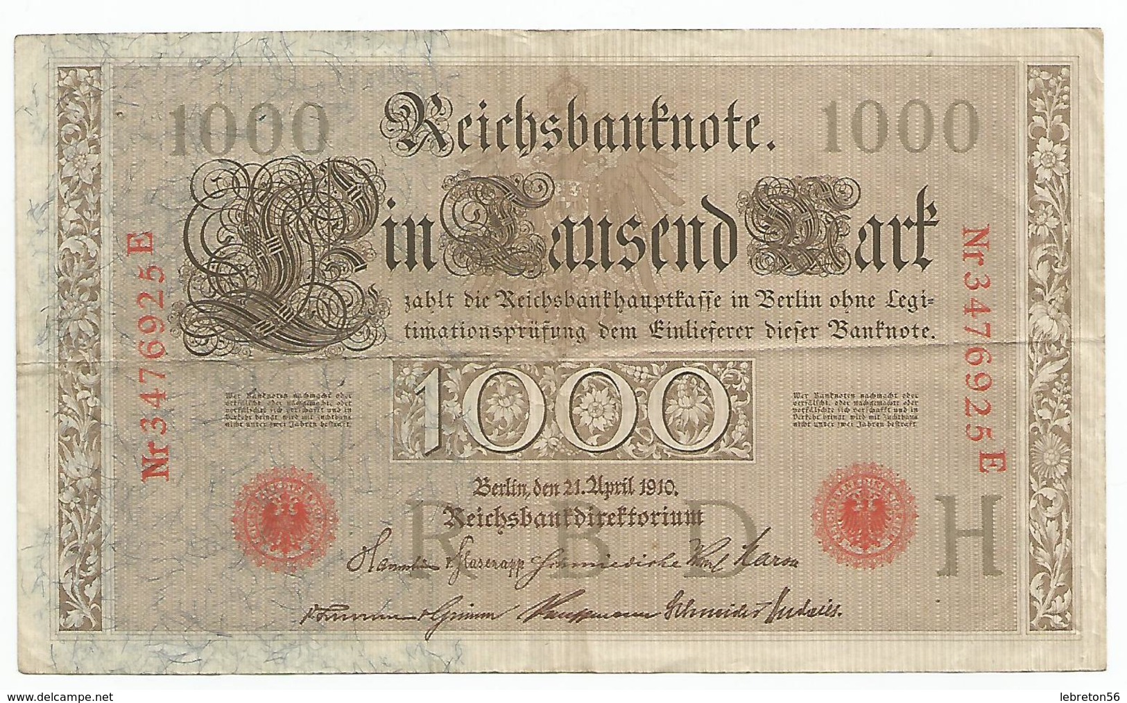 Billet/Allemagne/1000 Reichsbanknote/21avril 1910 Nr 3476925 E - 1.000 Mark