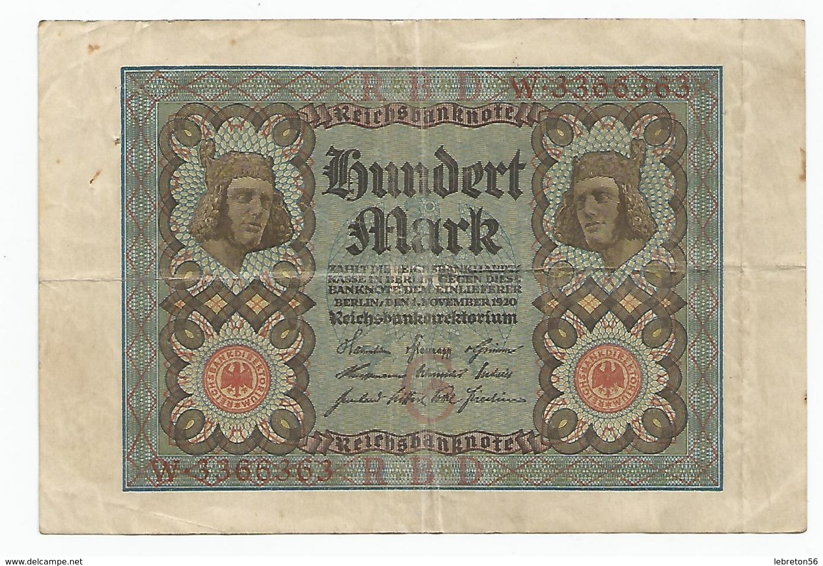 Billet/Allemagne/100 Mark Reichsbanknote/ 1 Novembre 1920 W.3366363 R B D - 100 Mark